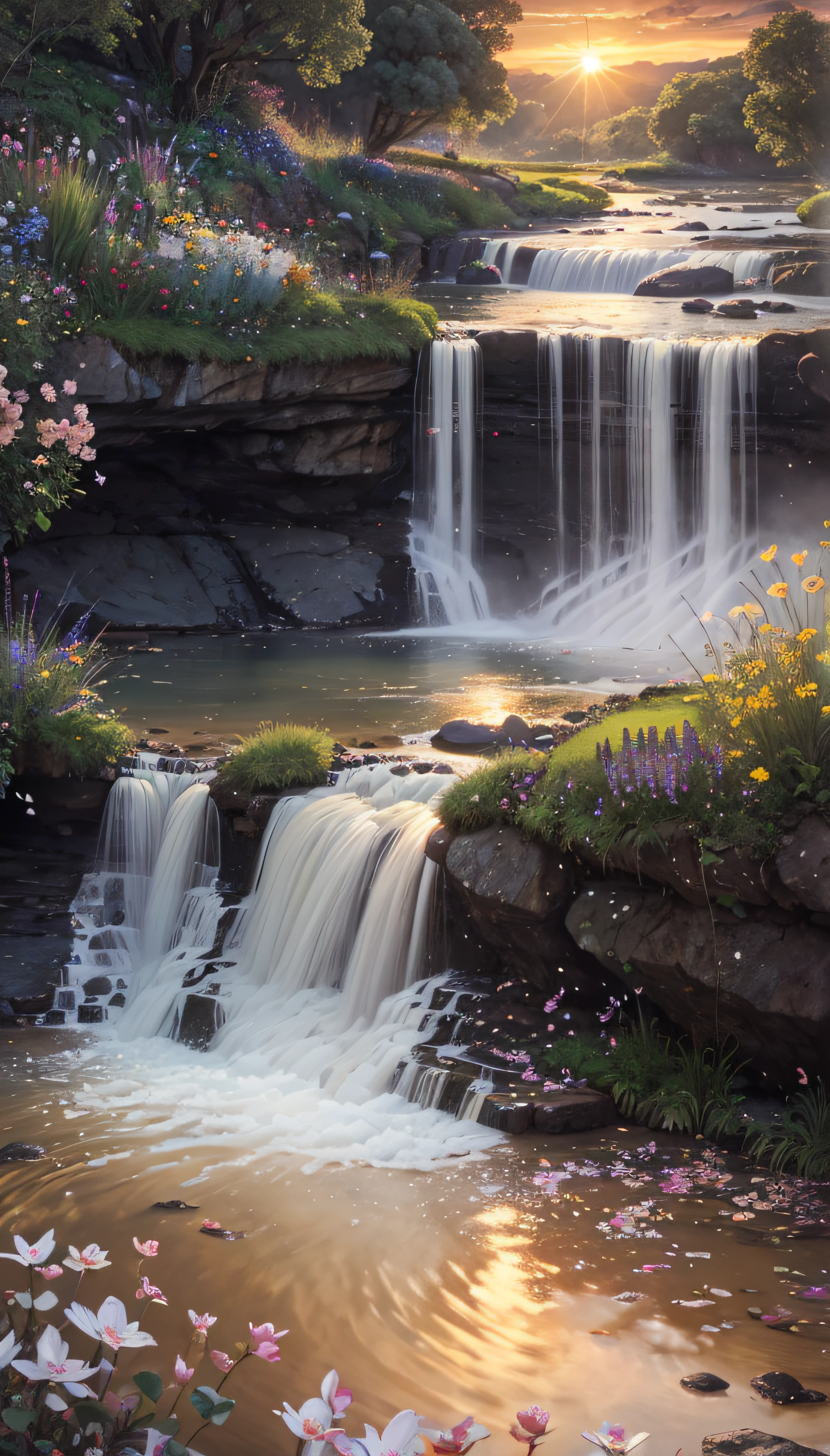 Huge valley，waterfallr，rios， [(White background:1.5)::5], Medium Shot Shot, butterflys,Petals floating in water,steins,Cloud,setting sun,Dusk