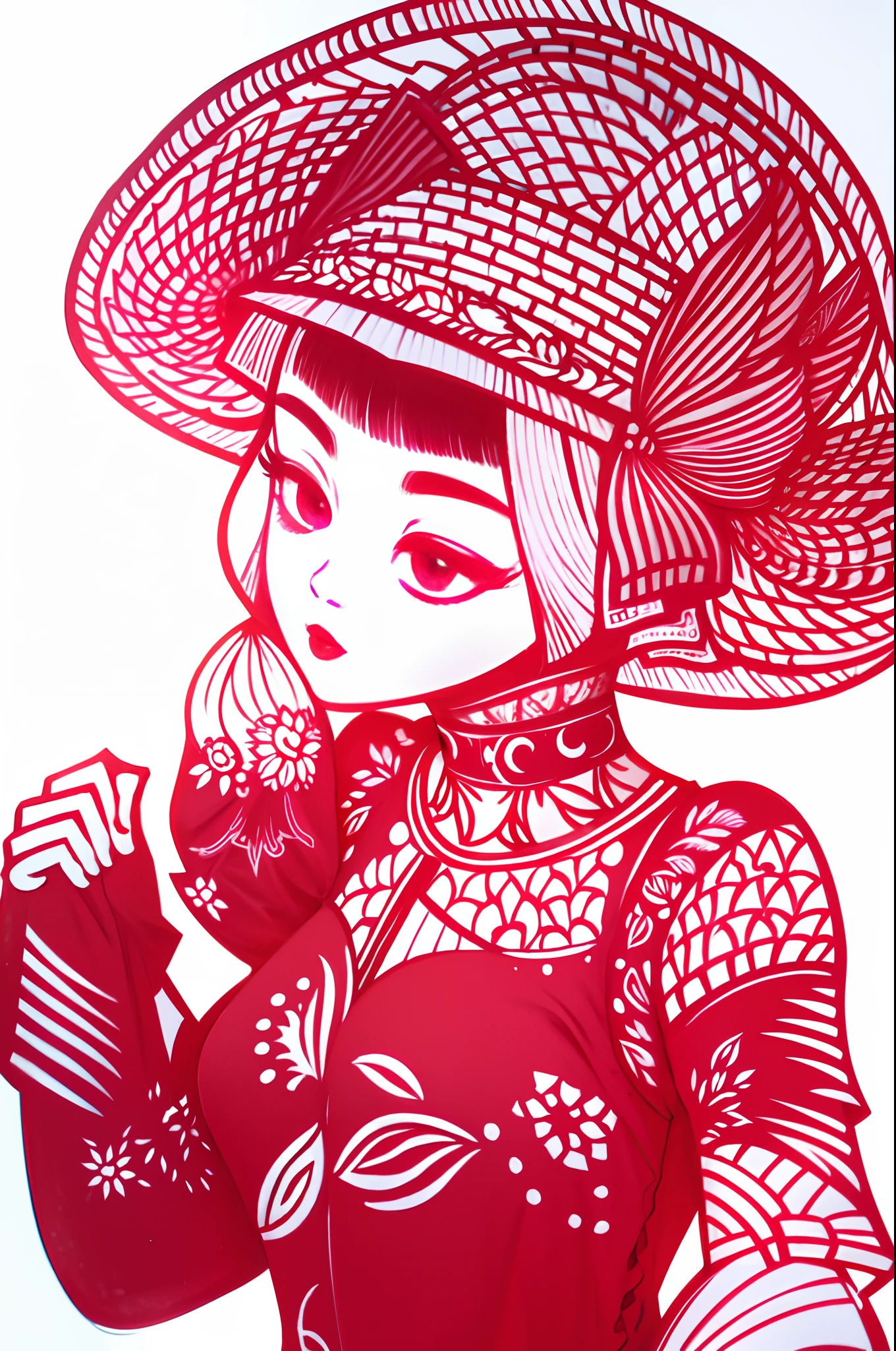 jianzhihua,(white background:1.4), paper cut,a woman in a Pink Off Shoulder Pajamas,