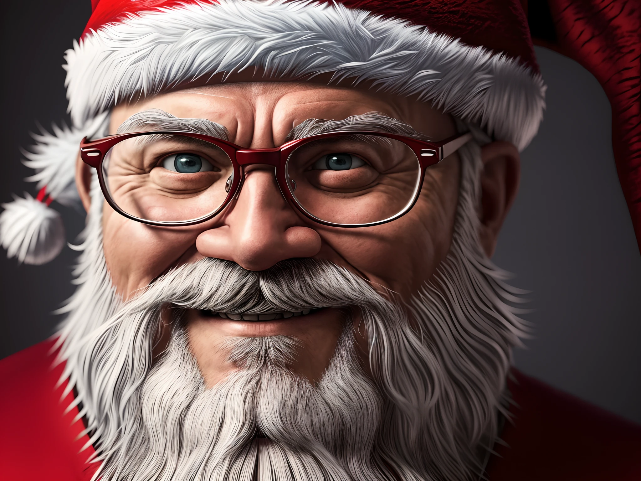 there is a santa clause with a beard and glasses wearing a hat, brutal joyful face expression, santa, santa claus, super realistic gritty, senior artist, highly detailed photo of happy, santa clause, closeup character portrait, 8k, joyful look, adventure hyper realistic render, fantasy art smug smile man, epic hyper detailed realistic photo 8k