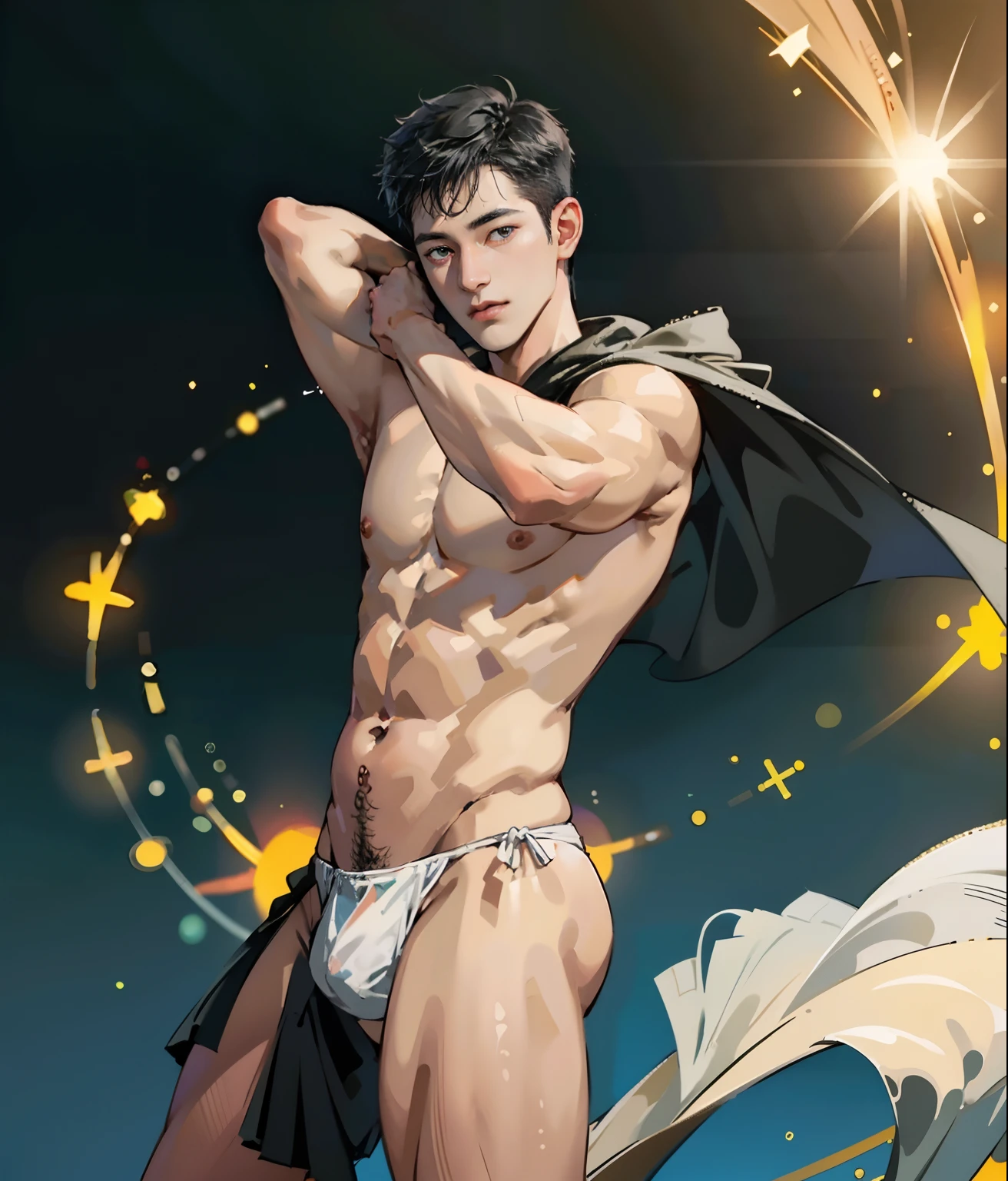 （8K， RAW photos， best qualtiy， tmasterpiece：1.2）， （realisticlying， photograph realistic：1.4）， illustratio， A high resolution，hexagons，（1boys）， Black hair，opulent， rugged skin， （Oval shaped face：1.1）， profesional lighting， photon maping， Radio City， physically-based renderingt， Handsome， Sexy masculinity，Wear white thongs，musculature，bare full body，massive bulge
