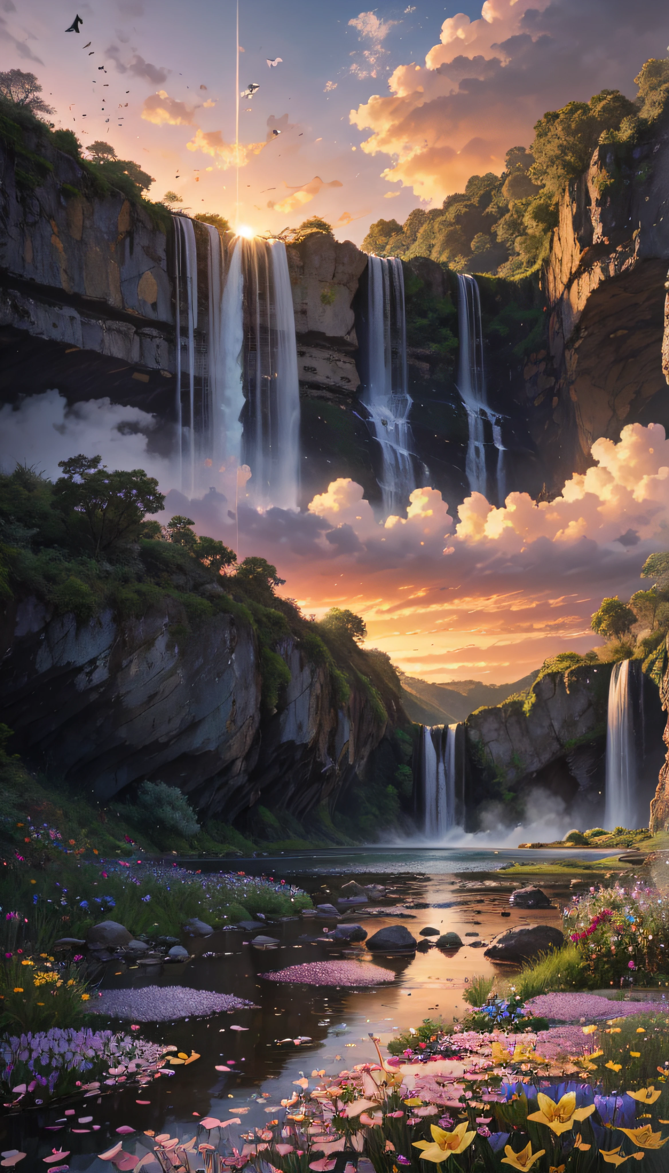 Huge valley，waterfallr，rios， [(White background:1.5)::5], Medium Shot Shot, butterflys,Petals floating in water,steins,Cloud,setting sun,Dusk