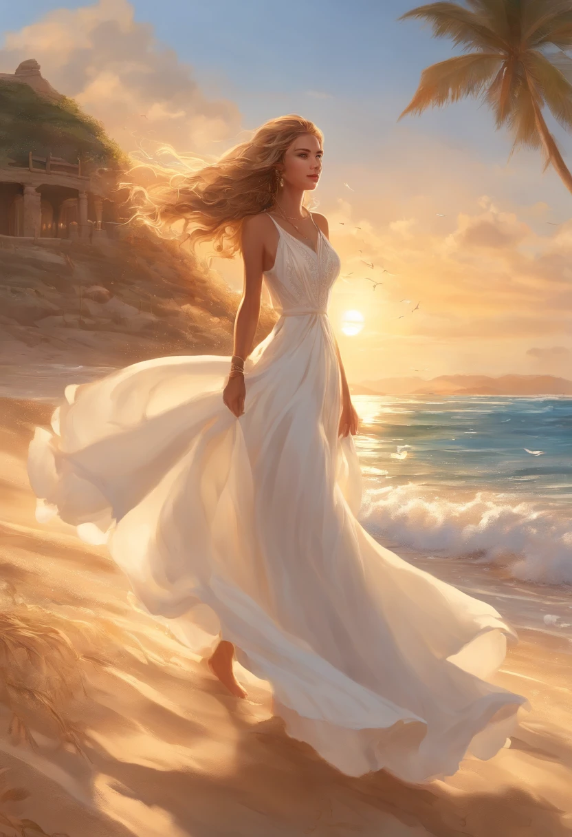 1women on a sandy beach, flowing white dress, (golden sunset:1.1), (wind-blown hair:1.1), serene smile, barefoot, (crashing waves:1.1), seashells scattered around, sandcastle in the background drawing anime