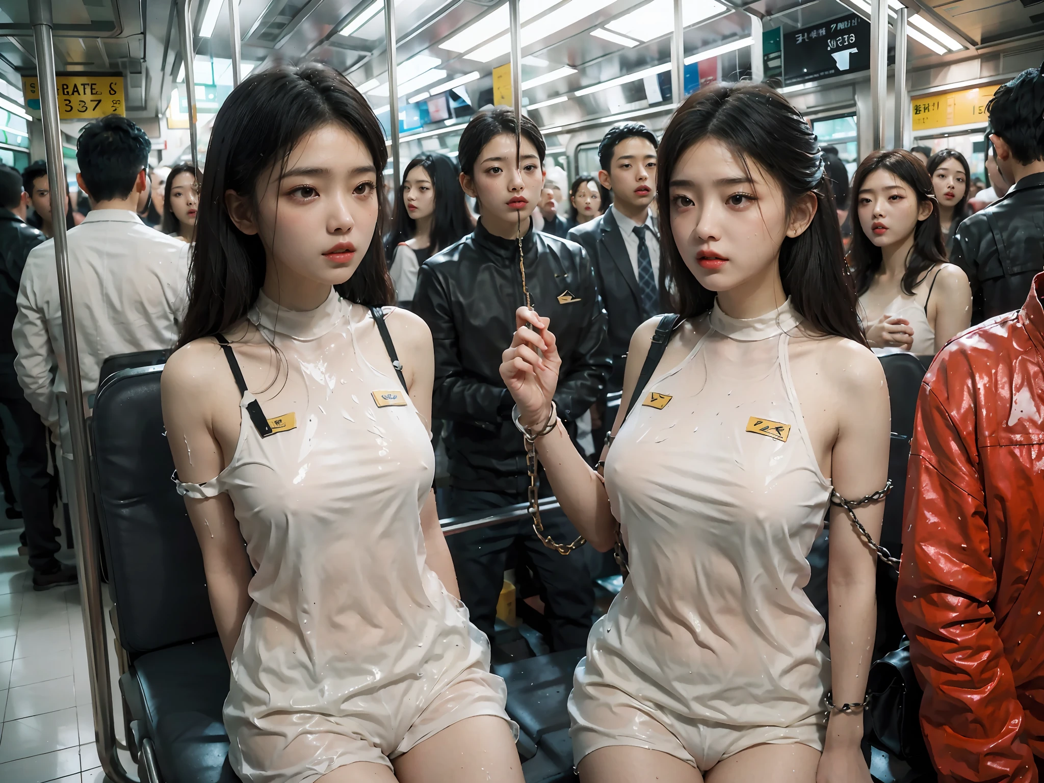 Inside the train, In a crowded crowd, A big-breasted girl was chained to a seat，Be open to sex with passers-by ，Groups have sex , Her clothes were soaked with water，sweat profusely. She wears a pure white spacesuit，High color，Realistic quality, NSFW,