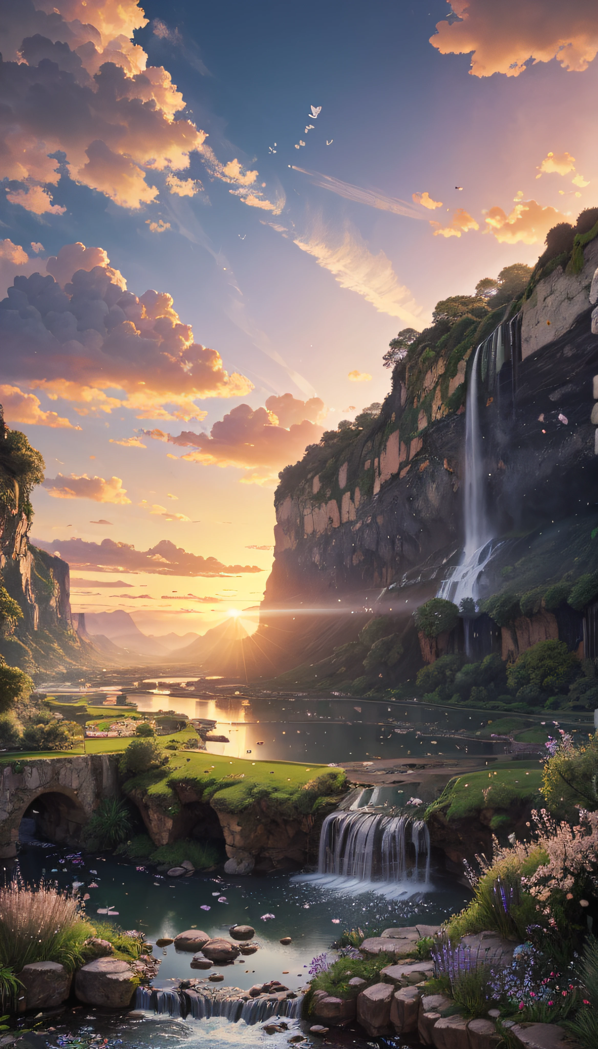 Huge valley，waterfallr，rios， [(White background:1.5)::5], Medium Shot Shot, butterflys,Petals floating in water,steins,Cloud,setting sun,Dusk