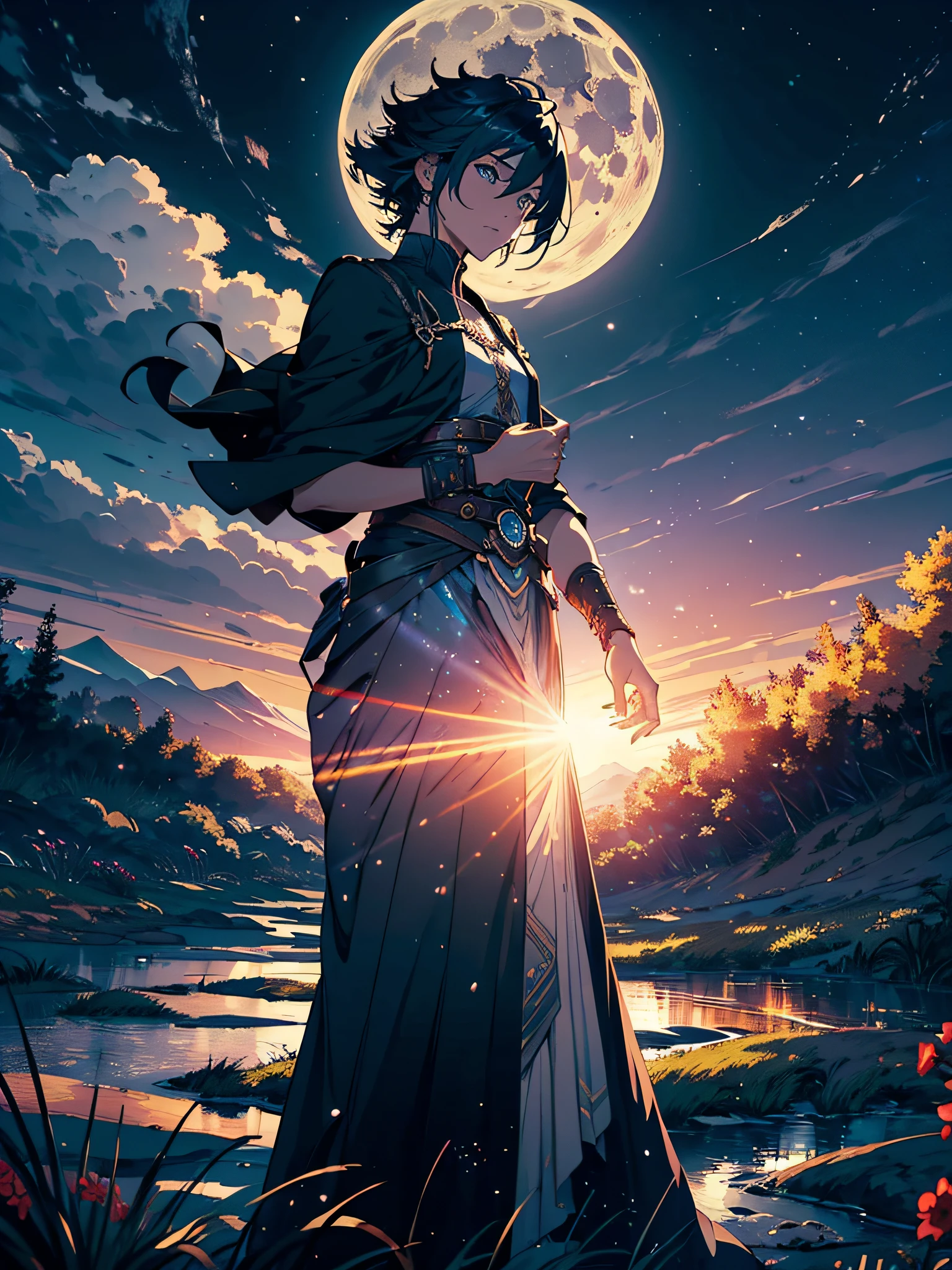 Vanitas in the karte, Vanitas with his book of black pages leafing through and the magic runes coming out, his hair moving, ancient france scenery, Blue full moon, full body, (ultra-realistic), {extremely realistic 8k CG unity wallpaper detailed}, expansive landscape photography, (a low view that prioritizes the character and the sky above, wide open field view), (low angle shot), (high light: 0.5), (low light: 0.5), ( warm light source: 1.2), complex details, (iridescent colors: 2.0), (bright lighting), (atmospheric lighting), dreamy, magical