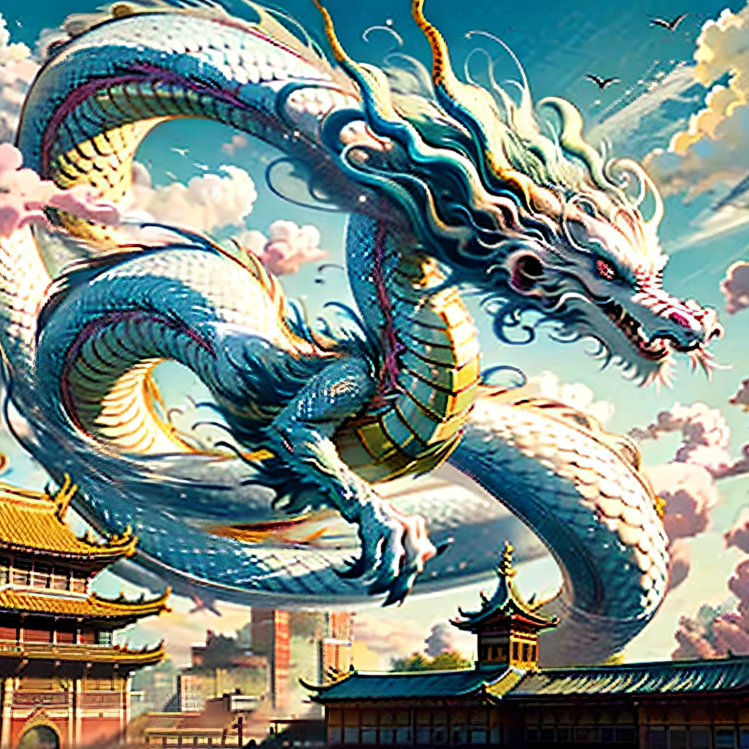 Best quality at best，tmasterpiece，ultrahigh-resolution，（o longo：1.2），nuvem，bulidagem，East Asian architecture，olhos vermelhos，corno，com a boca aberta，Skysky，presa，the Eastern Dragons，mostly cloudy sky，A wizard is in an old building casting spells，