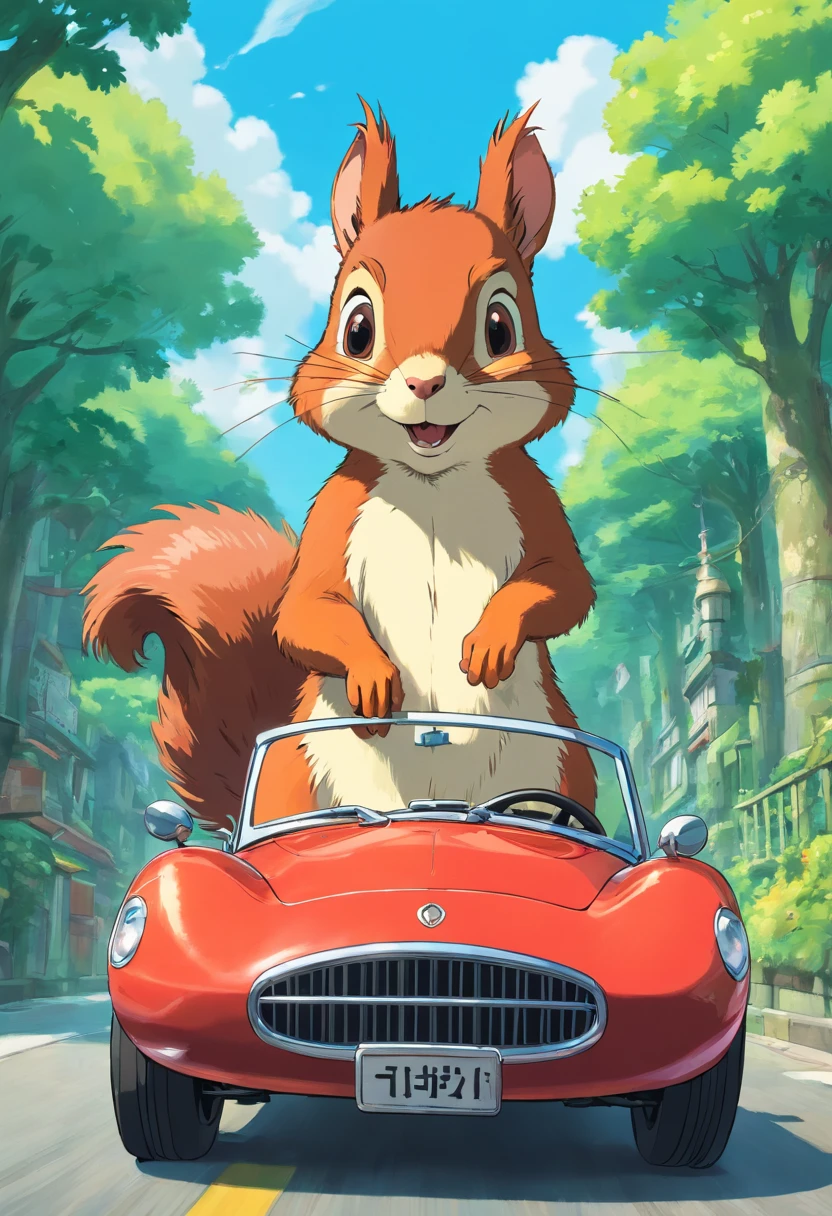 A squirrel driving a car