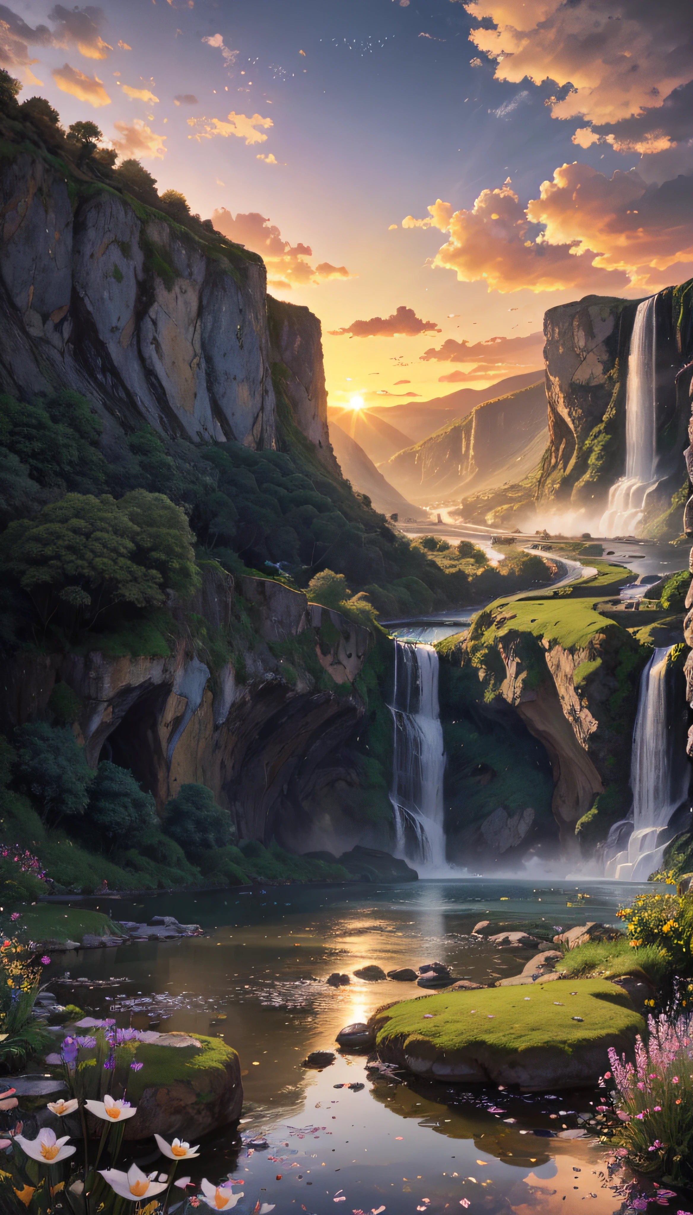 Huge valley，waterfallr，rios， [(White background:1.5)::5], Medium Shot Shot, butterflys,Petals floating in water,steins,Cloud,setting sun,Dusk