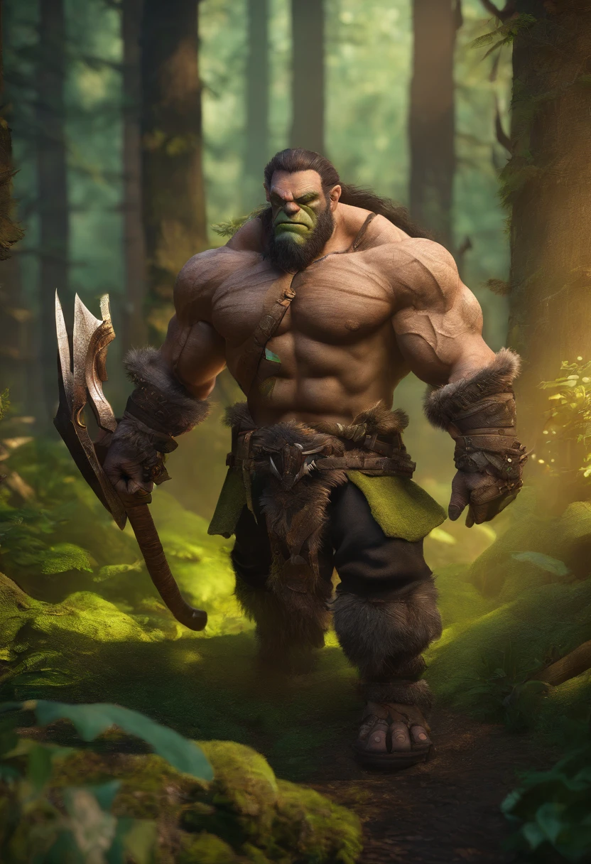 Orc, green skin, tusk, ?????, big ?????, big ????, hard, 3D illustration, epic lighting, Realistic, cinematographic, dark forest background, colors