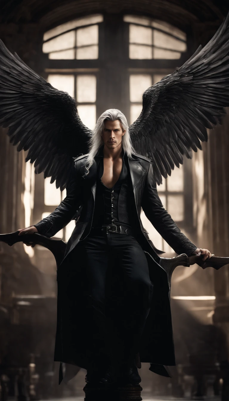awe inspiring,,Dark and mysterious interior architecture,, depth of fields, One-person viewpoint, top-quality, hight resolution, ighly detailed,, The ultra -The high-definition,Focus on the eyes,Antique style, (silber hair: 1.1), (Silver eyes: 1.1), big eye,(Fluttering chest:1.4),llight rays,Tyndall phenomenon,Strong light shines in,One-winged fallen angel,Black wings,FF7,Sephiroth,male people,Black leather clothing,masamune,27yo,