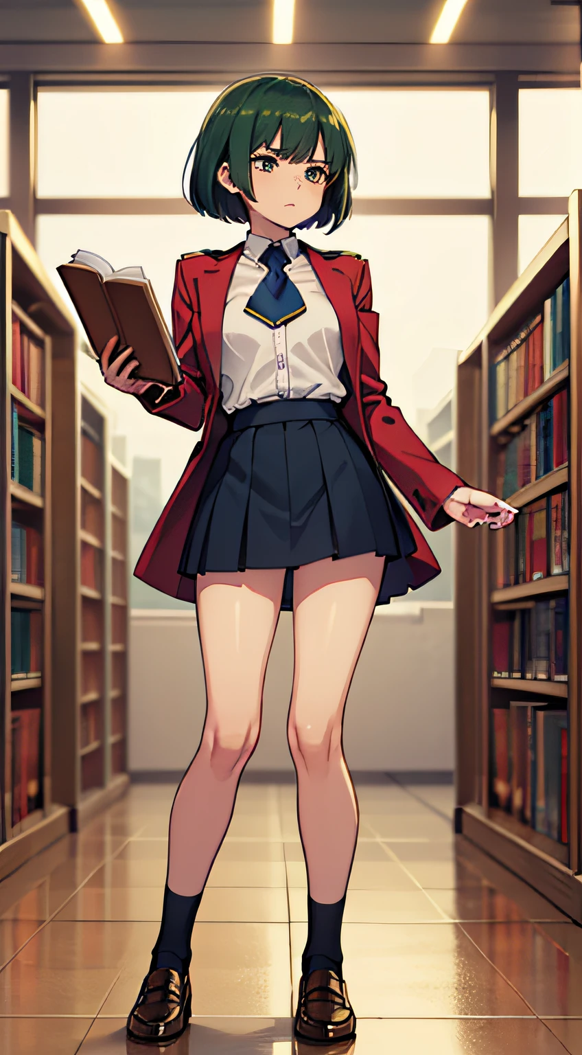 ((masutepiece, of the highest quality)), (Solo), profile, Built for cameras、Oriented, profile,uniform, Long white shirt, Blue tie, Red Blazer, Red vest, Beige skirt, Skirt is knee-length,Blue High Socks, Loafer shoes,  Girl, small tits , Slender thighs, Soft skin, clean big dark green eyes (High detail eyes), Silky short bob that falls straight to shoulder length, short hair towards the back of the head, Dark green hair, atlibrary, walk, Holding a book with both hands, Looking Up, Overhead configuration, Expressing dissatisfaction, Floating Droplets, Lens Flare, Fine Features, Perfect Anatomy, Centered, Perfect distance, Highly detailed, with an intricate, acurate, Highly detailed rich colors, Smooth, Rich colors, acurate, clean, Rich colors, elaborate details, golden ratio illustrations