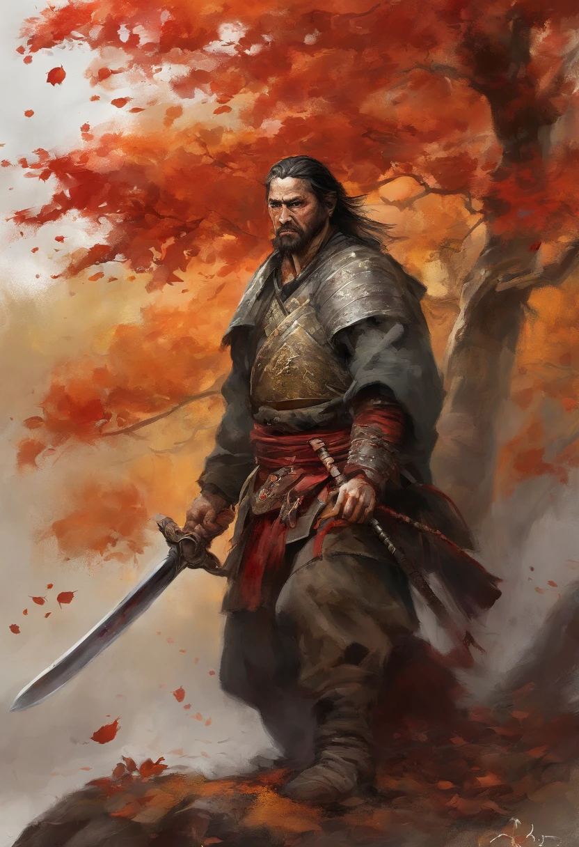 (8k, 16k, Galardonado, highest qualityr, High resolution, Super detail,), Highly detailed 4K resolution digital illustrations, (Zombie Swordsman: 1.3), samurais, The lighting is dynamic, Detalles acentuados e intrincados, Splash Art with triadic colors and deep tones, Estilo de libro de cuentos, Los guerreros no tienen pelo, Optimal camera models and lenses, Espadas japonesas, Large trees with autumn leaves, hojas rojas, Return of blood, Belleza abrumadora, a lot of A sword stuck in the ground, A symbol of strength.