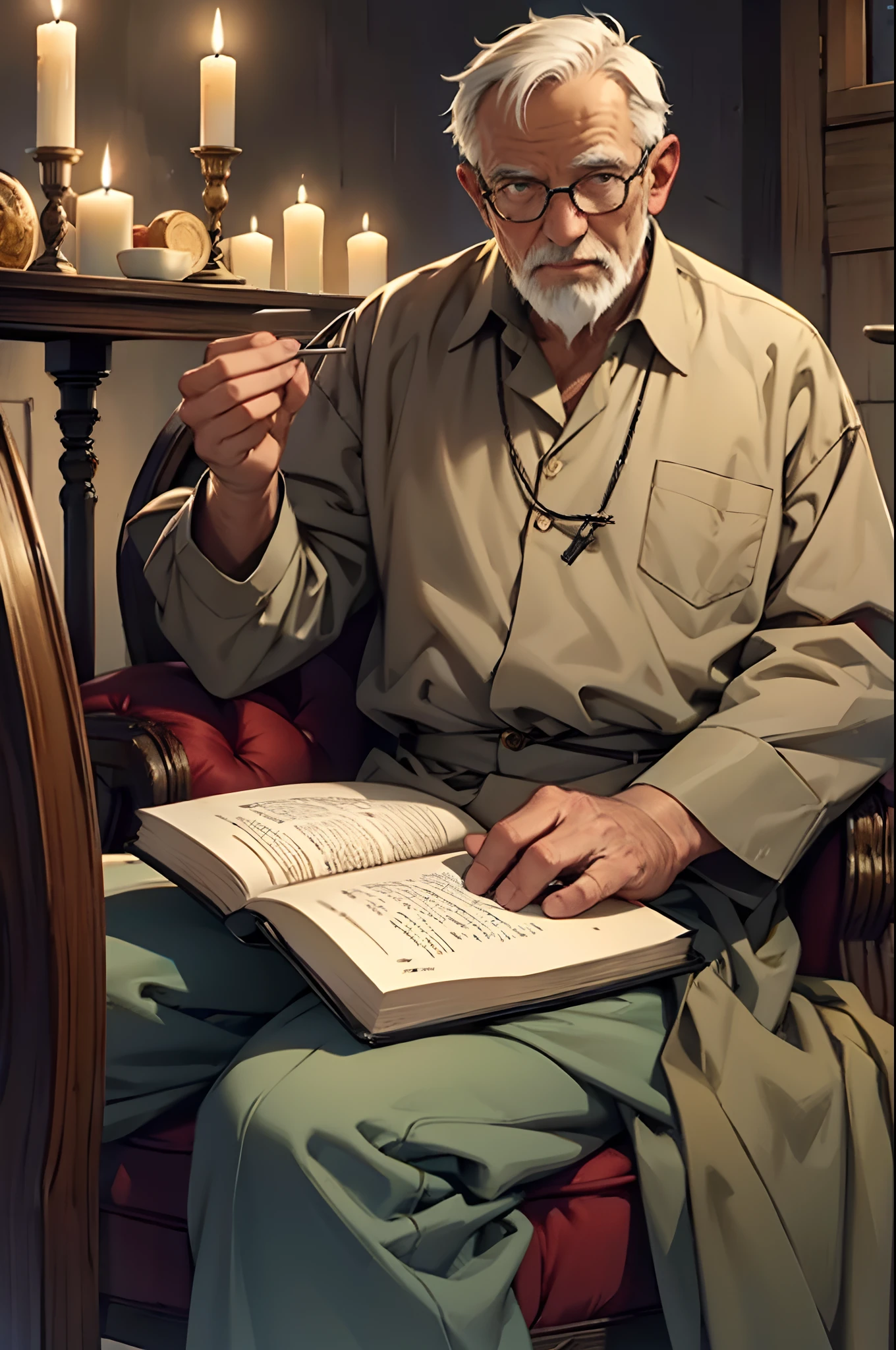 An old man sitting with his back to the camera, writing a book by candlelight