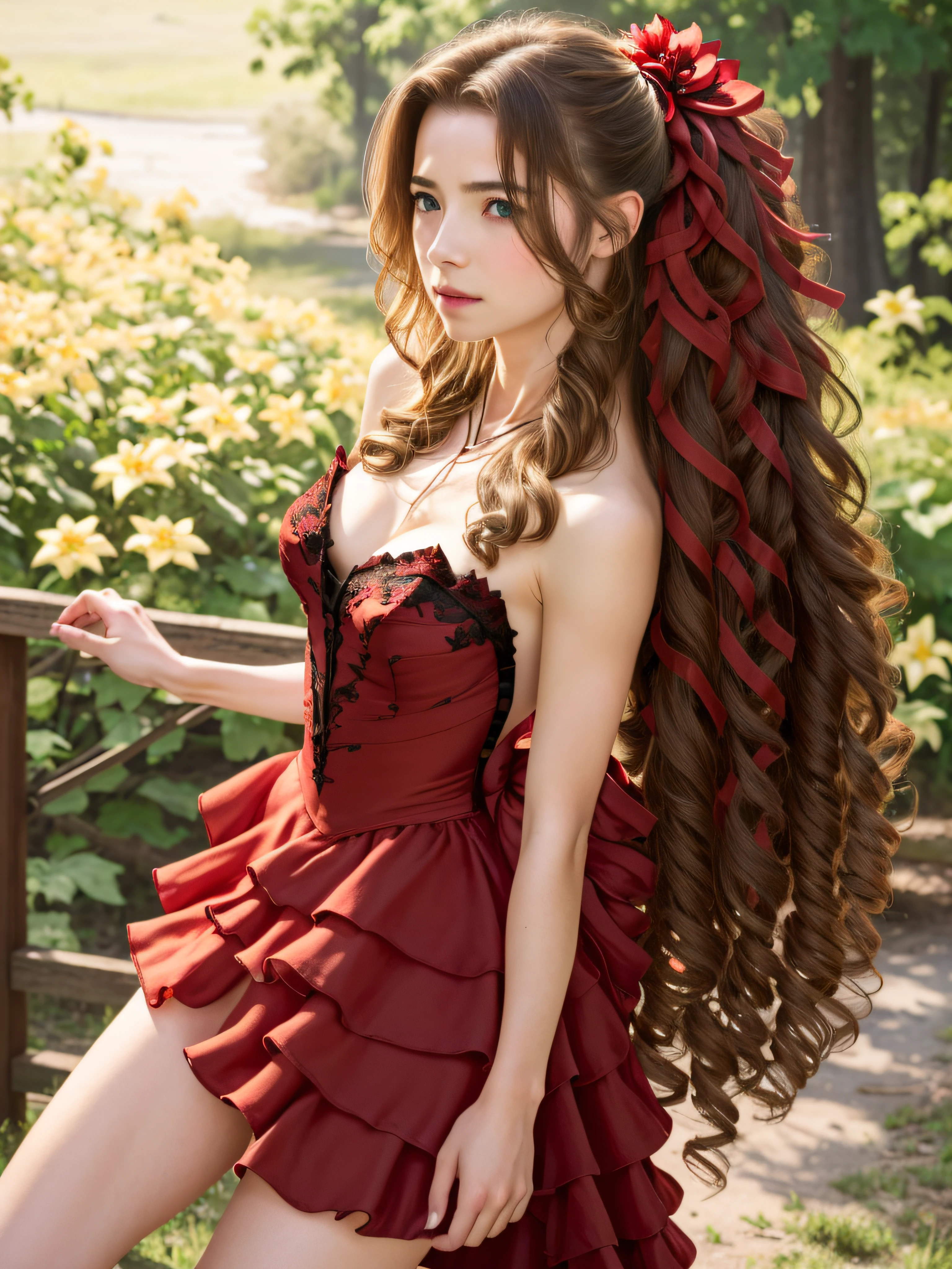 1 girl, solo,dynamic pose, cowboy shot,, (((photorealistic, hyper-realistic, RAW photo:1.2))),masterpiece, best quality, intricate details, 8k uhd, perfect face, perfect eyes,, aerith gainsborough,very long hair, hair ribbons, hair flowers, strapless red dress, high heels