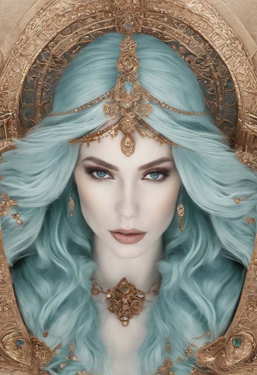 A woman with blue hair and a gold headpiece is shown - SeaArt AI