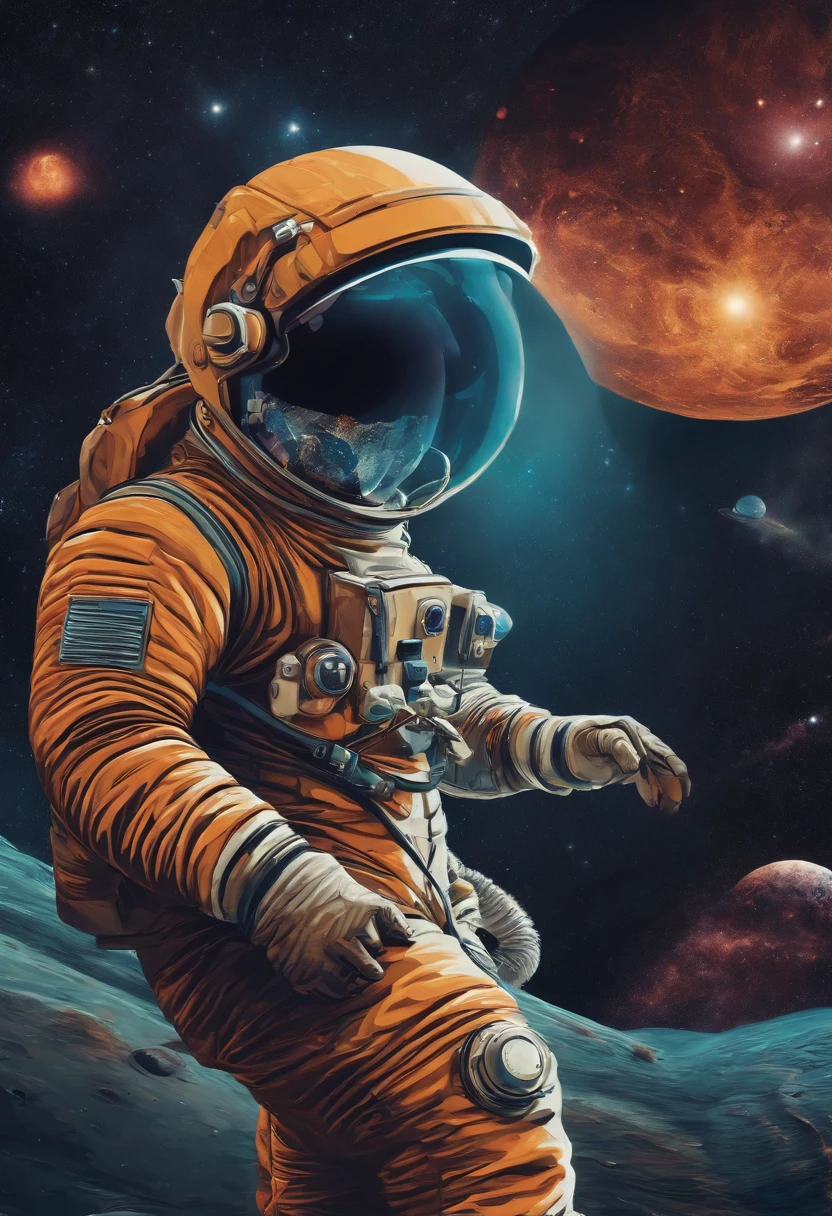 HD details, Close-up of a man in a spacesuit, planets in the background, psychedelic cosmic horror, psychedelic illustrations, cosmic space, plants growing, The world of psychosis, Background space graphic art, Cosmic illustration, cosmic space, cosmic lsd poster art, dmt space behind, Space scene, Surreal space, Cosmic style