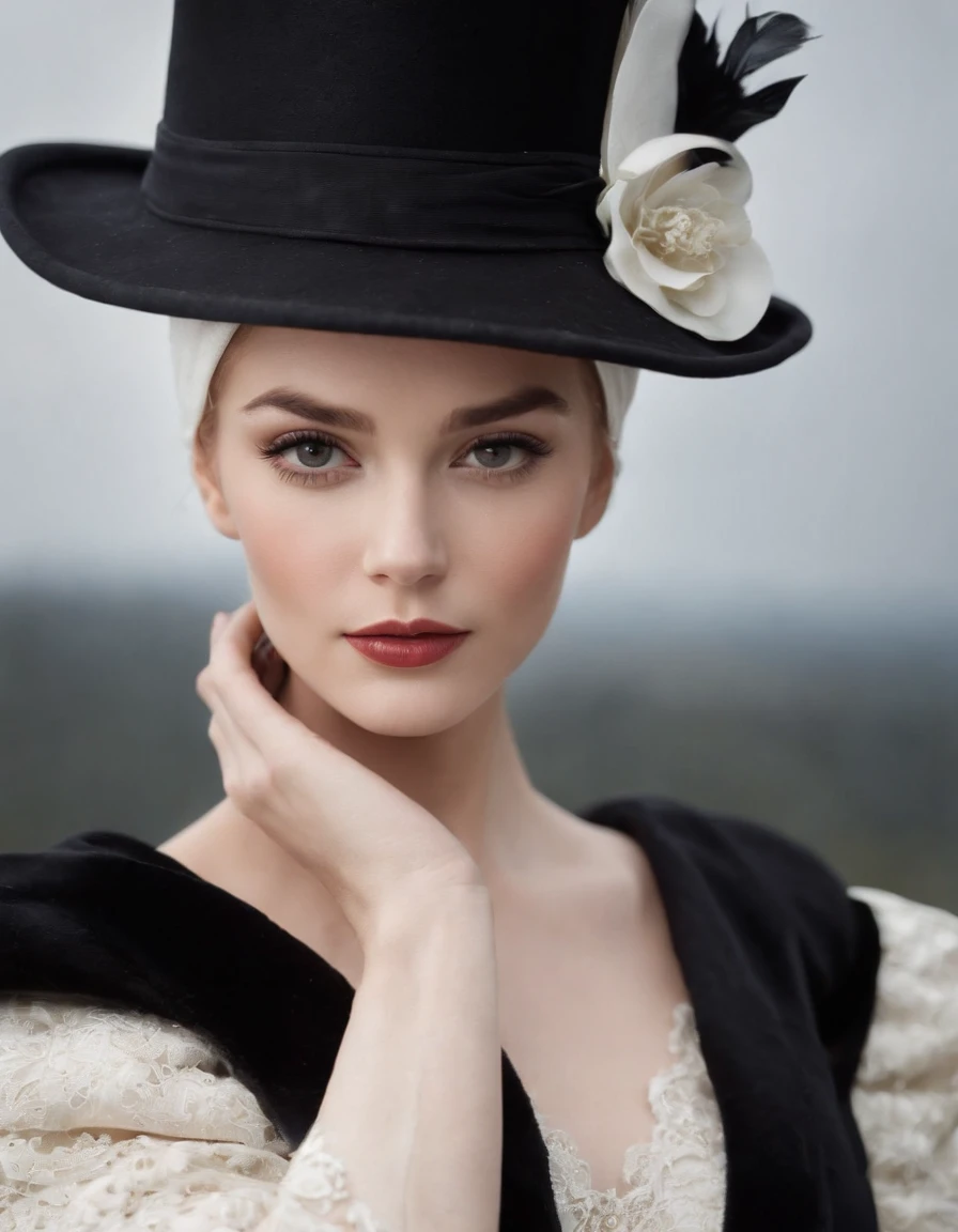 a model wears a black coat and a white hat,beautiful face, in the style of 32k uhd, rococo elegance, vintage-inspired designs, bold curves, ferrania p30, limited color range, magazine cover，upper body