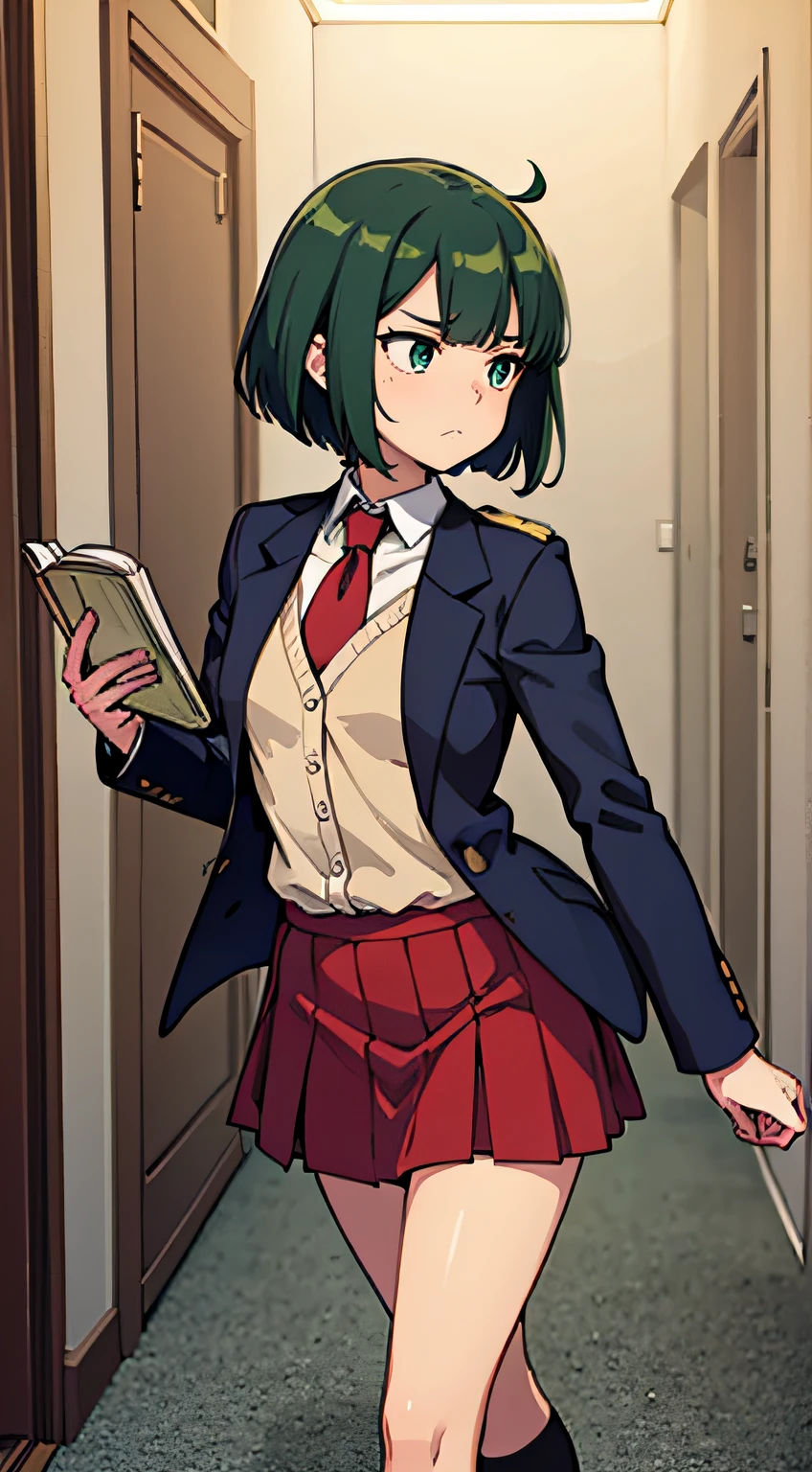 ((masutepiece, of the highest quality)), (Solo), profile, Built and oriented for cameras, profile,uniform, Long white shirt, Blue tie, Red Blazer, Red vest, Beige skirt, Skirt is knee-length,Blue High Socks, Loafer shoes, Girl, small tits , Slender thighs, Soft skin, clean big dark green eyes (High detail eyes), Silky short bob that falls straight to shoulder length, short hair towards the back of the head, Dark green hair, schools, Walking down the hallway, Holding a book with both hands, Looking Up, Overhead configuration, Dissatisfied expressions, Floating Droplets, Lens Flare, Fine Features, Perfect Anatomy, Centered, Perfect distance, Highly detailed, with an intricate, acurate, Highly detailed rich colors, Smooth, Rich colors, acurate, clean, Rich colors, elaborate details, golden ratio illustrations