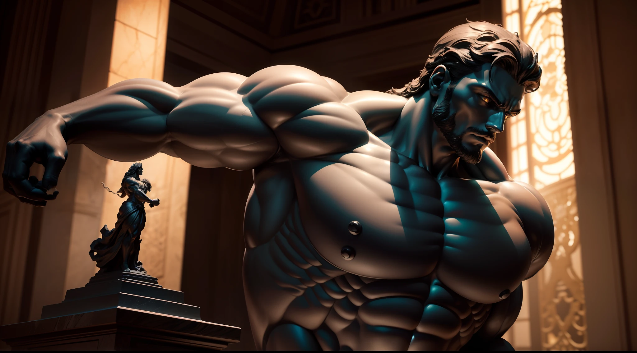 Create a unique representation of an imposing and muscular Greek God, carved in black marble, destacando-se contra um plano de fundo igualmente negro. The figure radiates an aura of divine power and supernatural strength, Capturing the essence of Greek mythology.
The God is modeled on a grand scale, com uma altura de 3 metros. Its precisely sculpted body displays powerful and well-defined muscles, giving it a formidable and imposing appearance. The anatomical details, from the biceps and triceps to the sculpted abs, are masterfully portrayed, conveying the idea of strength and vigor.
Made entirely of black marble, The figure has a subtle and enigmatic brilliance, capturing and reflecting light in a unique way in the black backdrop. Marble, shaded by deep shades and variations in texture, contribui para o impacto visual e emocional da escultura.
The God is in a posture of authority, with feet slightly apart and arms extended to the sides. His hands hold a symbolic object, como um tridente, uma tocha ou uma espada, dependendo da divindade escolhida. The hand holding the object extends upwards, como se estivesse exibindo sua arma divina para o mundo.
The facial features of the God are carved with refined details, including piercing eyes that seem to observe beyond the physical plane. The facial expression is majestic and imposing, evoking the divine aura and the connection with the transcendent.
The figure is positioned against an absolute black background, creating a dramatic contrast and highlighting its striking silhouette. The lighting is designed in such a way that it highlights the contours of the figure, highlighting the textures and curves of black marble.
A escultura, em sua totalidade, It is a celebration of the power and majesty of the Greek deities, Incorporating the physical aspect, mythical and aesthetic mythology.