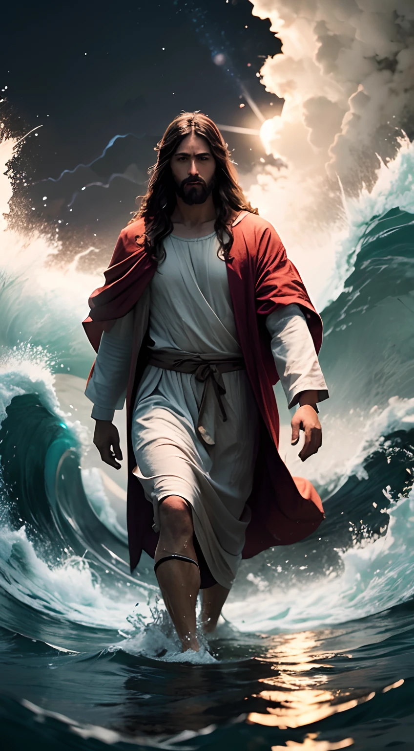 Jesus Christ walking on the waters of the rough sea at night.