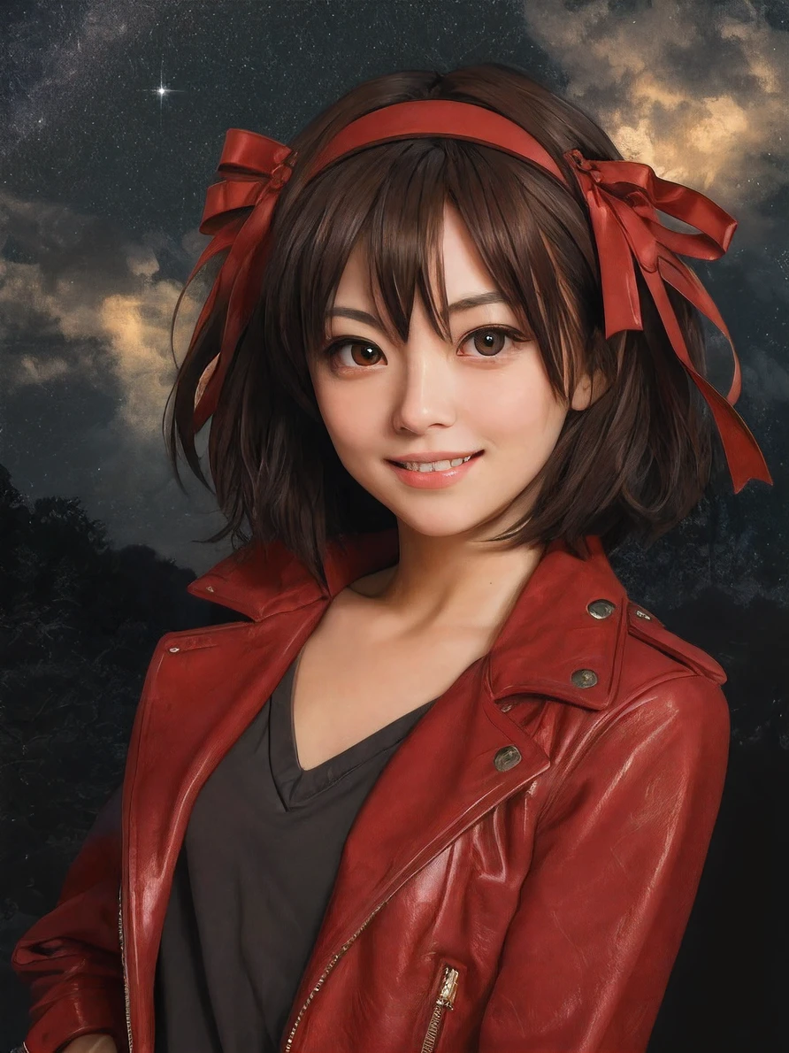 (highres, best quality:1.2), 1girl, radiance,  upper body, Haruhi Suzumiya as Starlord, guardians of the Galaxy, red leather coat,  suzumiya haruhi, solo, brown hair, short hair, brown eyes,  hairband, medium hair, ribbon, mischievous grin, cowboy shot, ((photo)), 8k, japanese teenage girl, starry sky