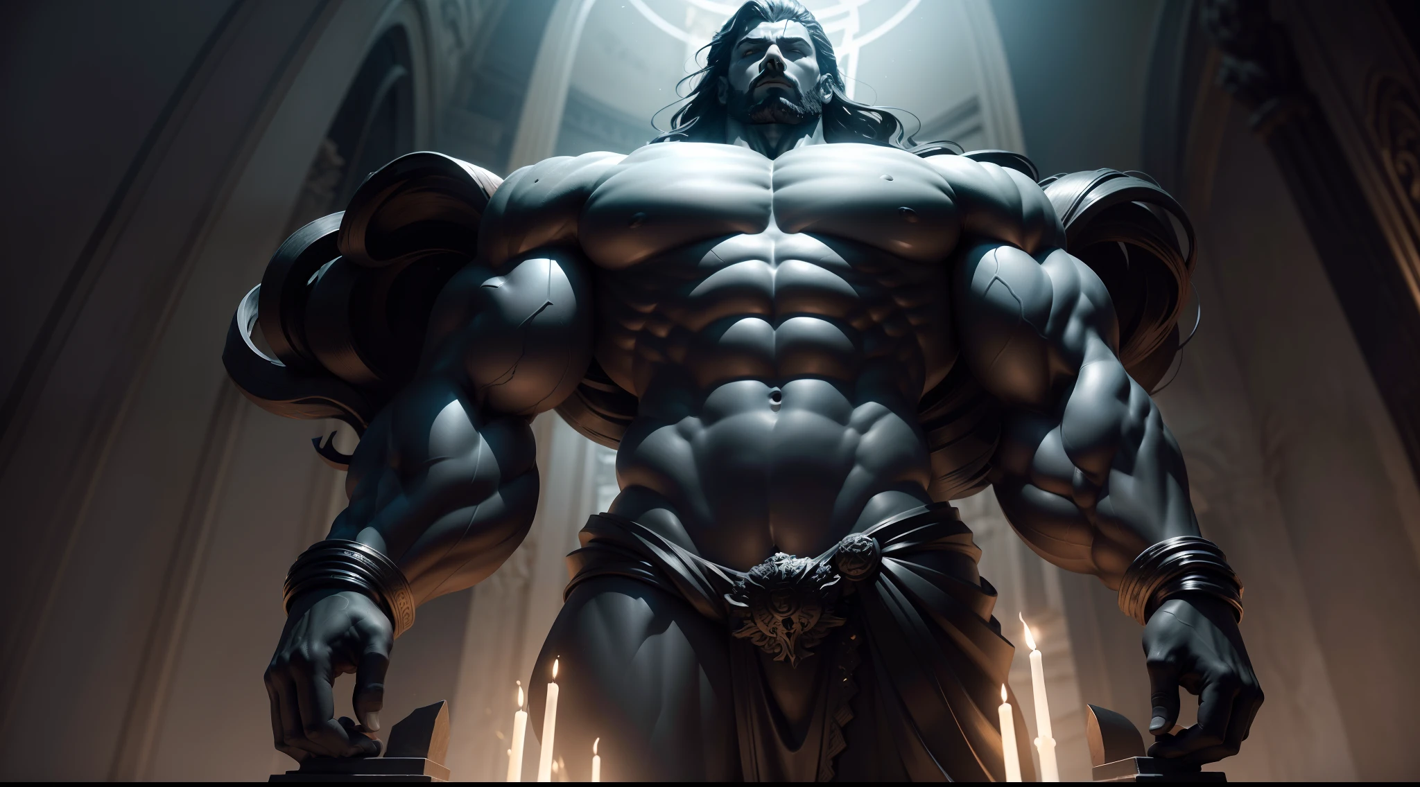 Create a unique representation of an imposing and muscular Greek God, carved in black marble, destacando-se contra um plano de fundo igualmente negro. The figure radiates an aura of divine power and supernatural strength, Capturing the essence of Greek mythology.

The God is modeled on a grand scale, com uma altura de 3 metros. Its precisely sculpted body displays powerful and well-defined muscles, giving it a formidable and imposing appearance. The anatomical details, from the biceps and triceps to the sculpted abs, are masterfully portrayed, conveying the idea of strength and vigor.

Made entirely of black marble, The figure has a subtle and enigmatic brilliance, capturing and reflecting light in a unique way in the black backdrop. Marble, shaded by deep shades and variations in texture, contribui para o impacto visual e emocional da escultura.

The God is in a posture of authority, with feet slightly apart and arms extended to the sides. His hands hold a symbolic object, como um tridente, uma tocha ou uma espada, dependendo da divindade escolhida. The hand holding the object extends upwards, como se estivesse exibindo sua arma divina para o mundo.

The facial features of the God are carved with refined details, including piercing eyes that seem to observe beyond the physical plane. The facial expression is majestic and imposing, evoking the divine aura and the connection with the transcendent.

The figure is positioned against an absolute black background, creating a dramatic contrast and highlighting its striking silhouette. The lighting is designed in such a way that it highlights the contours of the figure, highlighting the textures and curves of black marble.

A escultura, em sua totalidade, It is a celebration of the power and majesty of the Greek deities, Incorporating the physical aspect, mythical and aesthetic mythology.