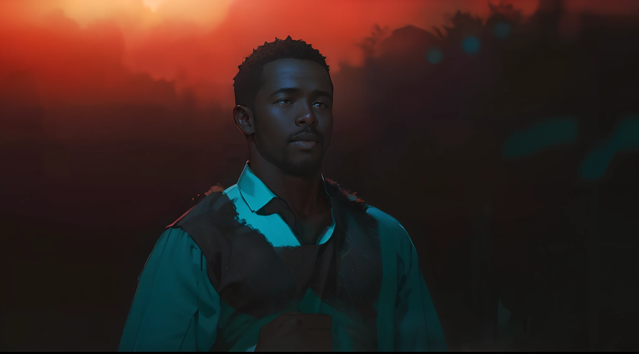 there is a black man standing in the dark outdoor, blurred background, Ali Nuhu, still from a music video, still frame from a , still from the film, a still of an ethereal, dimly lit scene, screenshot from a moviell from a live action movie, 2 0cinematic 4 k framegrab, film promotional still, shot from movie, cartoon