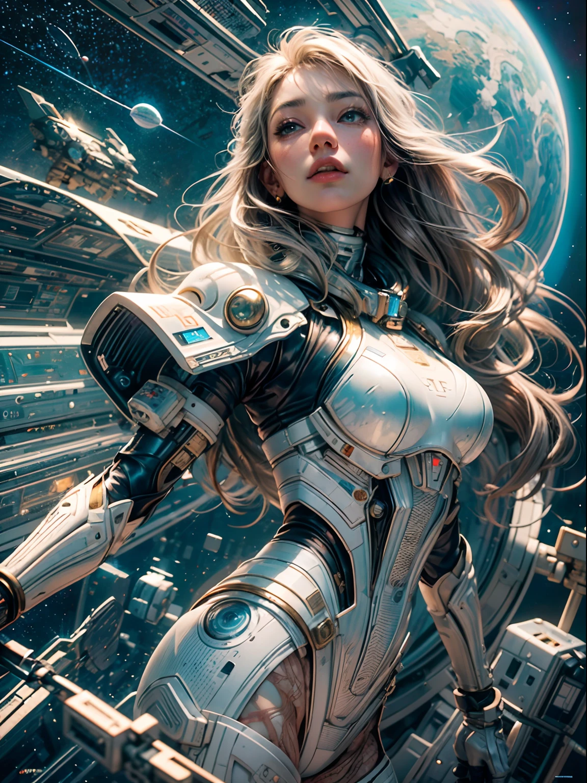 tmasterpiece,1 monk warrior girl with white tech suit clothes,White long hair,laces,abstract vintage scifi background,art by Moebius,Ashley Wood's art,dynamicposes,Wandering Earth,Space Starry Sky
