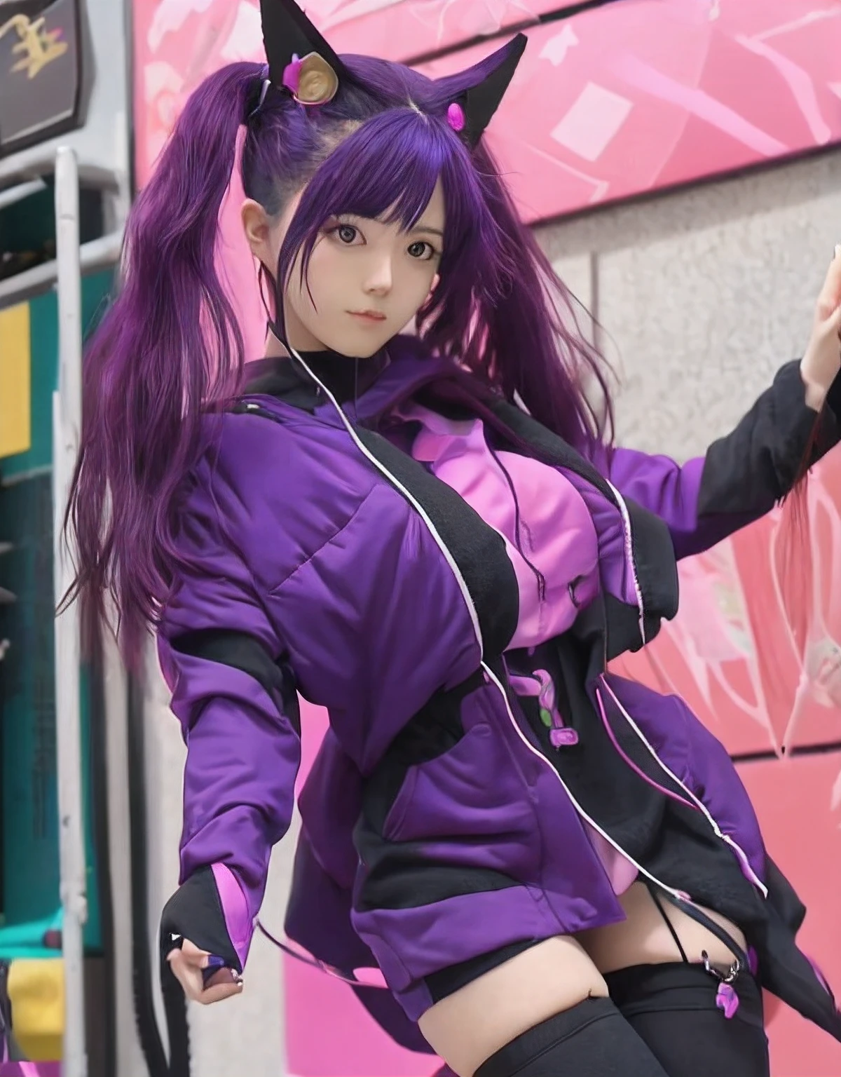 A close-up of a woman in a purple outfit posing, Oppai cyberpunk, seductora chica de anime, KDA, Chica femenina de anime cyberpunk, Tendencias en CGVatstation, Anime Girl Cosplay, Seraphine Ahri Kda, dark purple hair and cybernetics, Tendencias en CGVeStation, Chica de anime cyberpunk, Estilo anime 4K, Modelo IG | Artgerm