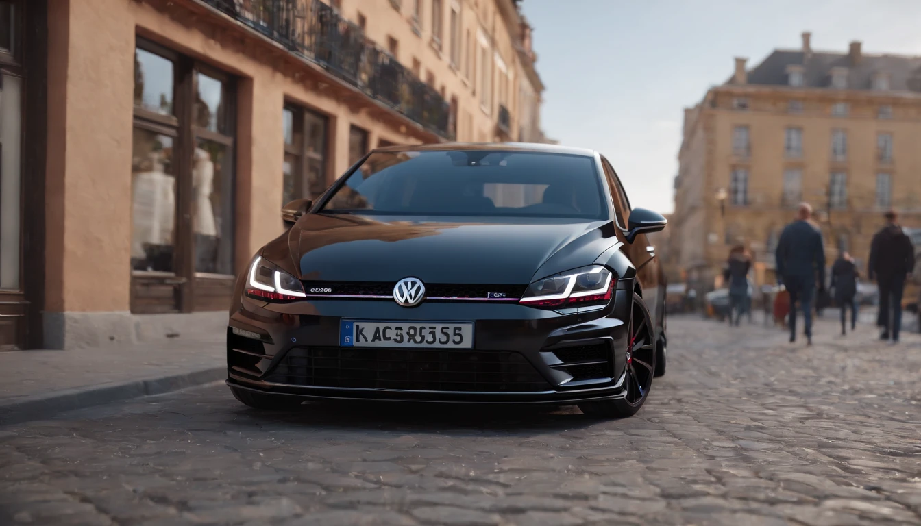 a close up of a black bagged 2024 Volkswagen Golf 7R, parked downtown Europe, hyper real render, 8 k cg render, angry 8 k, 8k render”, 8 k render, 8k render, wide body, hyper realistic style, in game style 8k, 8k octane 3d render, 8k in the style, 8k octane rendered, realistic cars