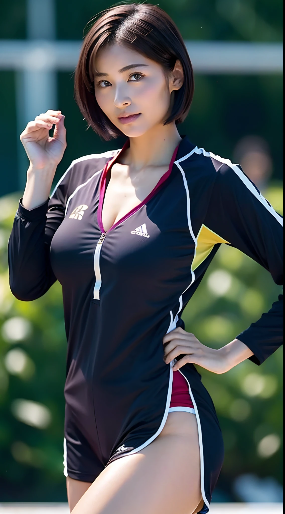 Beautiful woman in perfect style in track and field athlete uniform、large full breasts、big butts、top-quality、detail portrayal、japanes、Dark Brown Short Bob