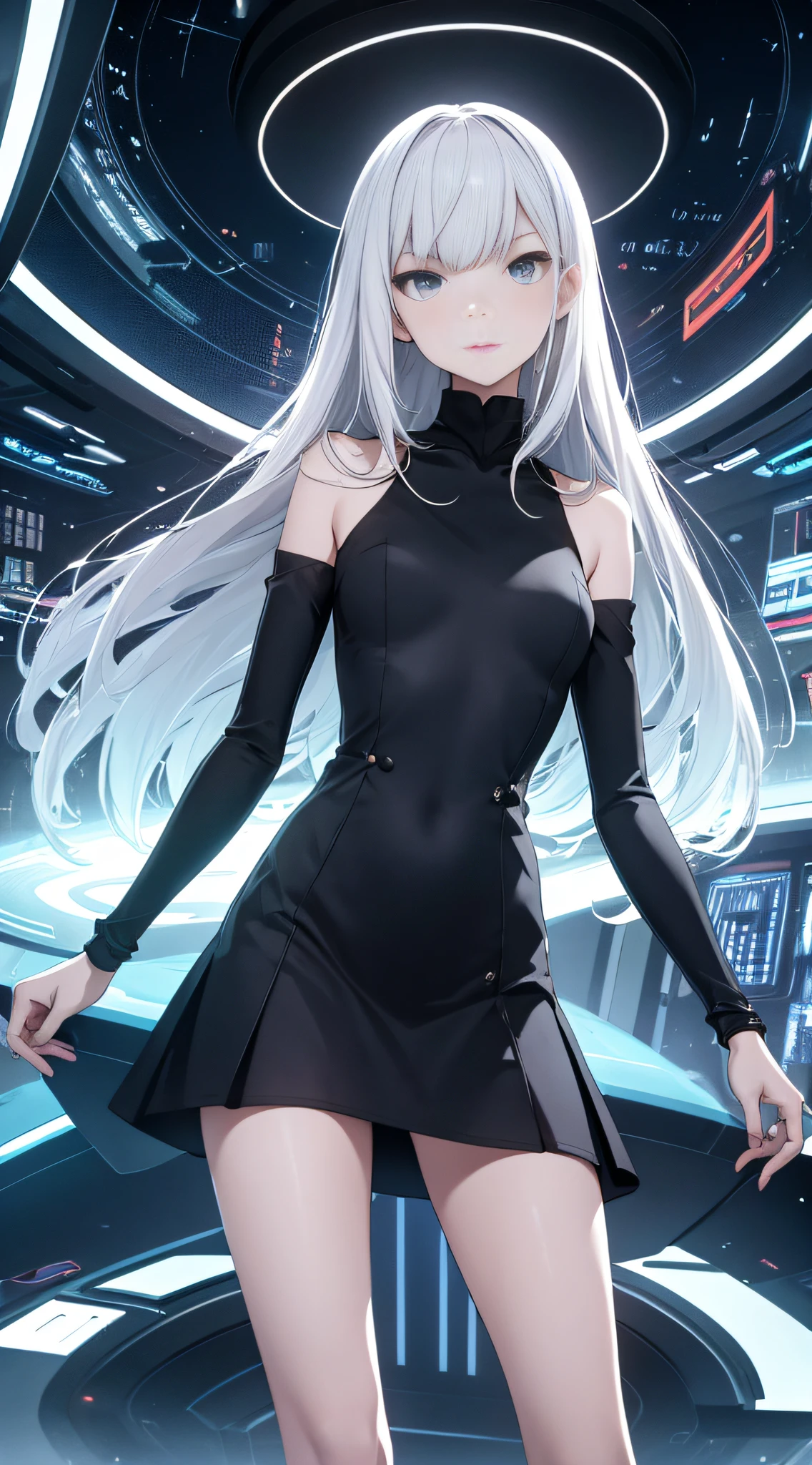 A slender girl in a short dress stands in full growth against the background of a night city of the 23rd century