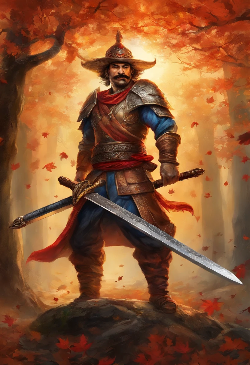 (8k, 16k, galardonado, highest qualityr, High resolution, Super detail,), Highly detailed 4K resolution digital illustrations, (Mario Bross Swordsman: 1.3),((Mario Bross)), samurais, The lighting is dynamic, Detalles acentuados e intrincados, Splash Art with triadic colors and deep tones, Estilo de libro de cuentos, Los guerreros no tienen pelo, Optimal camera models and lenses, Espadas japonesas, Large trees with autumn leaves, hojas rojas, Retorno de la sangre, Belleza abrumadora, a lot of A sword stuck in the ground, A symbol of strength.