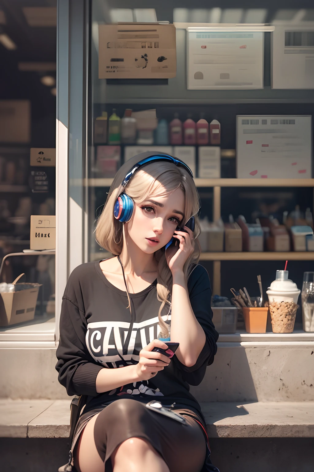 garota linda realista, cabelos cacheados, tomando sorvete, fones de ouvidos, ultra realismo.
