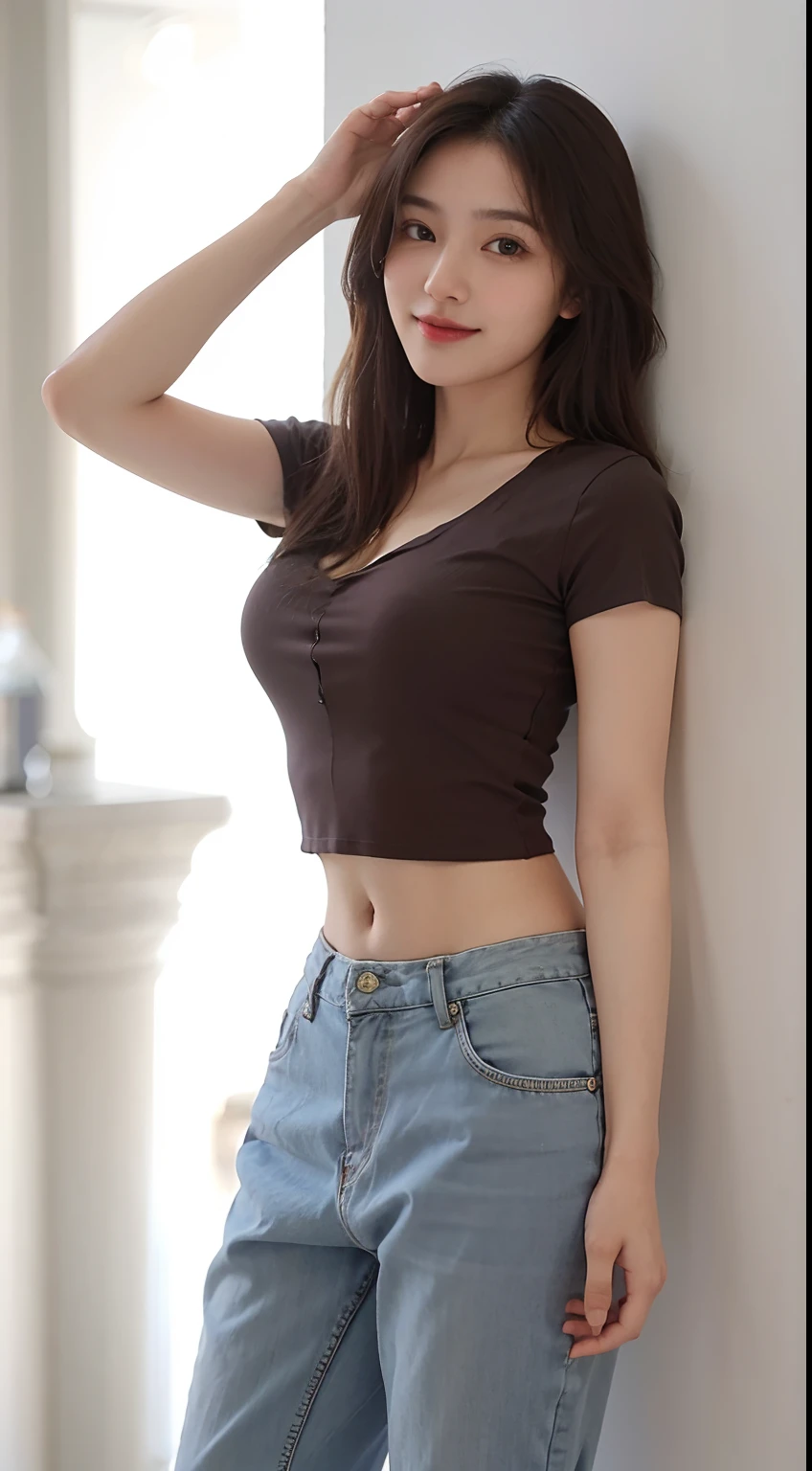 araffed woman in a brown top and jeans leaning against a wall, wearing a sexy cropped top, gorgeous young korean woman, photo of slim girl model, wearing crop top, wearing tight simple clothes, korean girl, beautiful south korean woman, wearing tight shirt, wearing a cute top, tight shirt, 2 4 year old female model, beautiful young korean woman, Best picture quality, masterpiece, ultra high resolution, 8k, cleavage, big boobs, bust detail, hair detail, eye detail, sharp eyes, thin smile, professional lighting