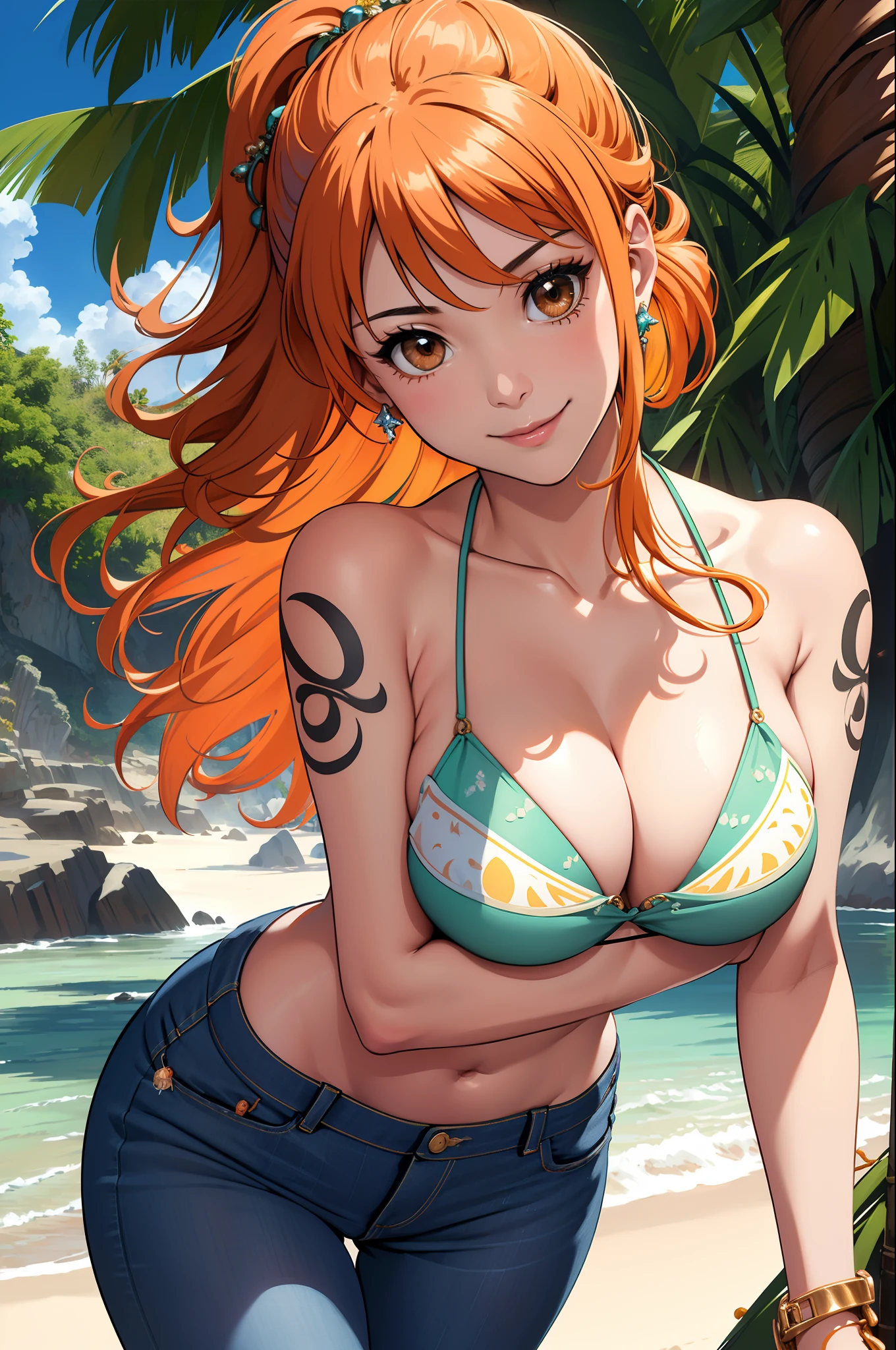 ultra realistic 8k cg, masterpiece, ((ultra detailed background, delicate pattern, intricate detail)), (highly detailed, fine details), best quality, (photorealistic:1.4),beautiful lighting, absurdres, RAW photo, film grain, ((medium breasts, slim girl)), NamiV2, 1girl, orange hair, solo, long hair, jewelry, ((medium breasts, slim girl, bikini top only, jeans, left shoulder tattoo)), brown eyes, smile, earrings, cleavage, bracelet, collarbone, navel, (complex detailed background, outside, beach environment, sunny, nature), ((portrait, close-up)),