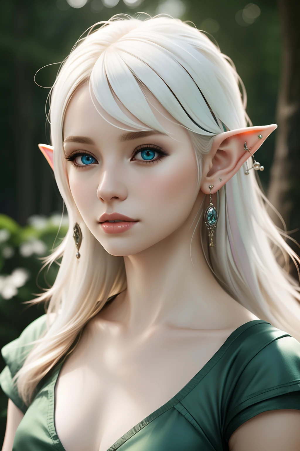 Masterpiece, high quality, (pale skin tone:1.5), elf, fit, beautiful elf, sexy elf, female, portrait, piercings, virgin, black eyes, princess, Aesthetic, pixie cut, sunny day, CG shading, Detailed, intricate details, sharp focus, trending on artstation