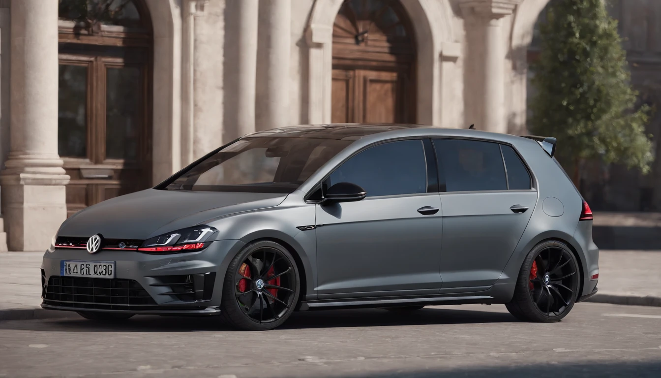 a close up of a charcoal grey bagged 2024 Volkswagen Golf 7R, parked downtown Europe, hyper real render, 8 k cg render, angry 8 k, 8k render”, 8 k render, 8k render, wide body, hyper realistic style, in game style 8k, 8k octane 3d render, 8k in the style, 8k octane rendered, realistic cars