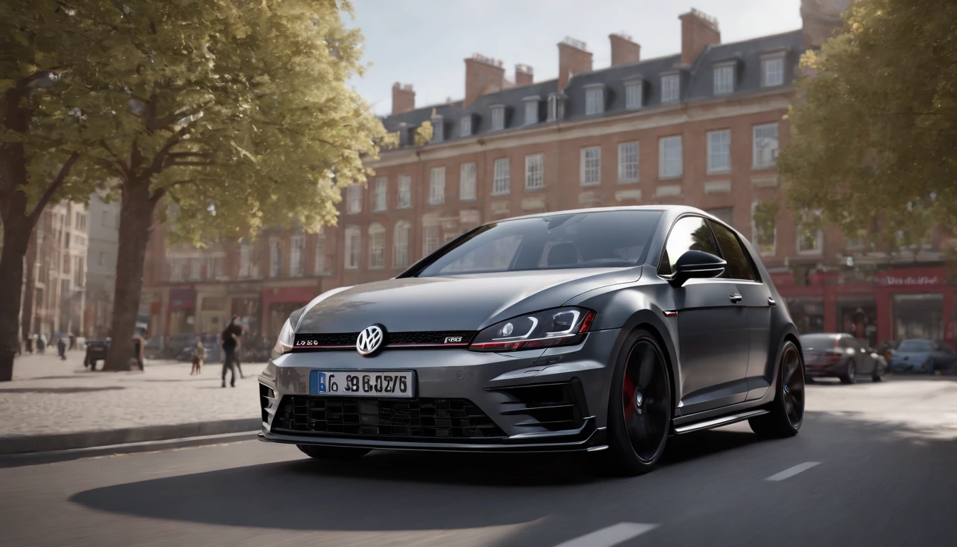 a close up of a charcoal grey bagged 2024 Volkswagen Golf 7R, parked downtown Europe, hyper real render, 8 k cg render, angry 8 k, 8k render”, 8 k render, 8k render, wide body, hyper realistic style, in game style 8k, 8k octane 3d render, 8k in the style, 8k octane rendered, realistic cars