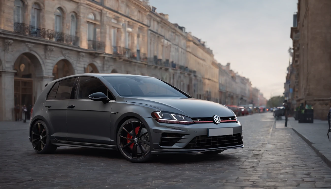 a close up of a charcoal grey bagged 2024 Volkswagen Golf 7R, parked downtown Europe, hyper real render, 8 k cg render, angry 8 k, 8k render”, 8 k render, 8k render, wide body, hyper realistic style, in game style 8k, 8k octane 3d render, 8k in the style, 8k octane rendered, realistic cars
