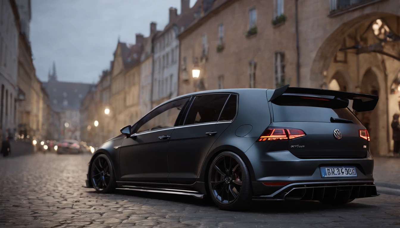 a close up of a black bagged 2024 Volkswagen Golf 7R racecar, parked downtown Europe, hyper real render, 8 k cg render, angry 8 k, 8k render”, 8 k render, 8k render, wide body, hyper realistic style, in game style 8k, 8k octane 3d render, 8k in the style, 8k octane rendered, realistic cars