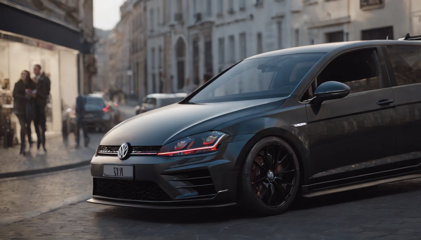 a close up of a black bagged 2024 Volkswagen Golf 7R racecar, parked downtown Europe, hyper real render, 8 k cg render, angry 8 k, 8k render”, 8 k render, 8k render, wide body, hyper realistic style, in game style 8k, 8k octane 3d render, 8k in the style, 8k octane rendered, realistic cars