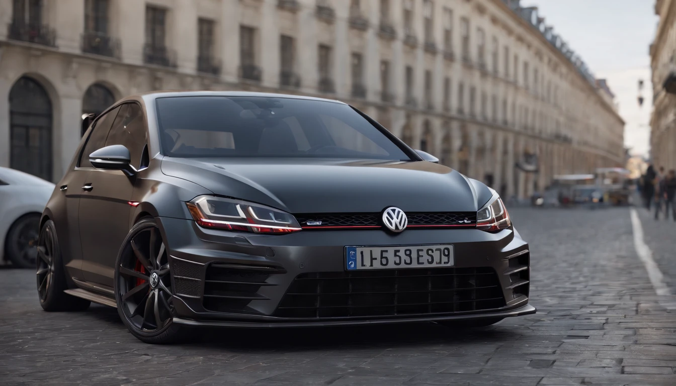 a close up of a black bagged 2024 Volkswagen Golf 7R racecar, parked downtown Europe, hyper real render, 8 k cg render, angry 8 k, 8k render”, 8 k render, 8k render, wide body, hyper realistic style, in game style 8k, 8k octane 3d render, 8k in the style, 8k octane rendered, realistic cars
