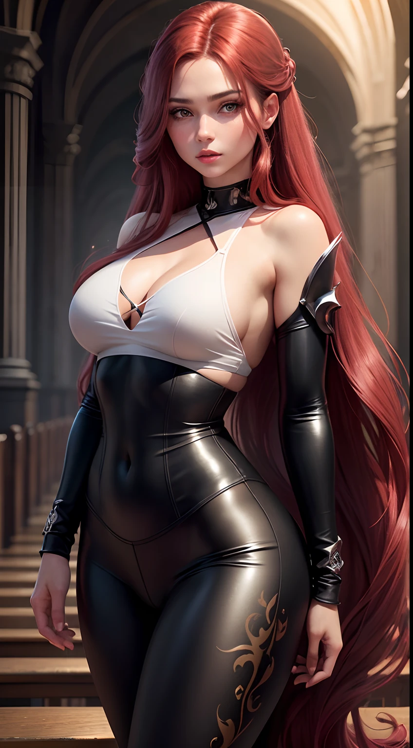 Create an extraordinary 8K masterpiece in resolution 10:16, featuring a super realistic, full body, picture of a girl in the church, who has European-slovenian look. She is skinny , It should look super realistic, outfit black leggings, closed white top. The character's makeup, including red lipstick, eyelashes, and ultra-detailed eyes. Eyes should be deep grey. Pay meticulous attention to the ultra-detailed face, lips, and unique hair intakes. Her very long hair should be a key feature in this portrait, and cinematic lighting should accentuate her features. The final result should be a true masterpiece, emphasizing amazing details in this 8K. Cover body, dark red color hair. Deep red hair