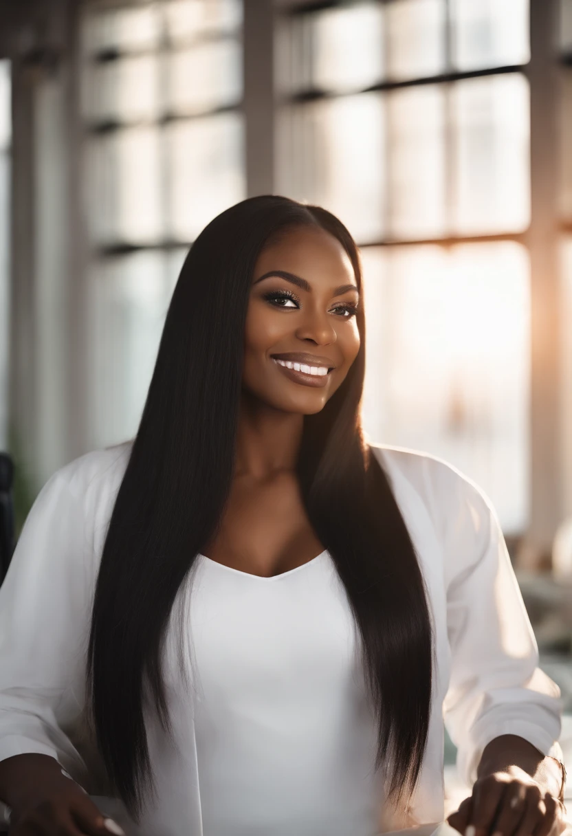 a black woman with long straight black hair, black eyes, white clothes, a successful beautician happy, smiling, working in her work environment with bright lighting, beautiful windows, good quality image, light colors,