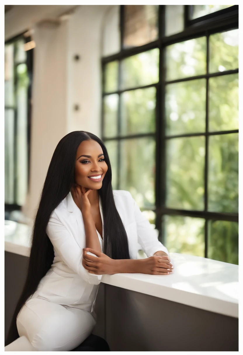 a black woman with long straight black hair, black eyes, white clothes, a successful beautician happy, smiling, working in her work environment with bright lighting, beautiful windows, good quality image, light colors,