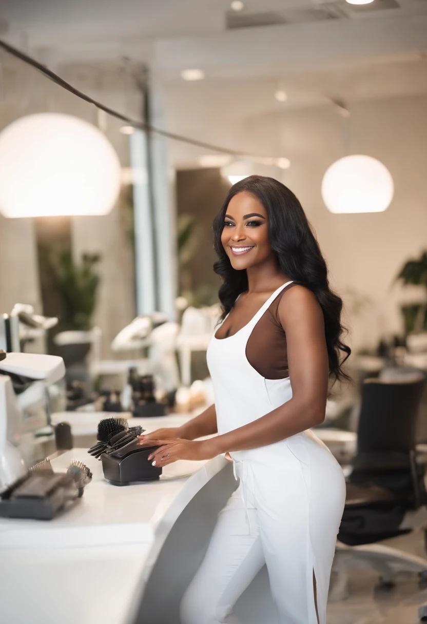 a black woman with long straight black hair, black eyes, white clothes, a successful beautician happy, smiling, working in her work environment with bright lighting, beautiful windows, good quality image, light colors,