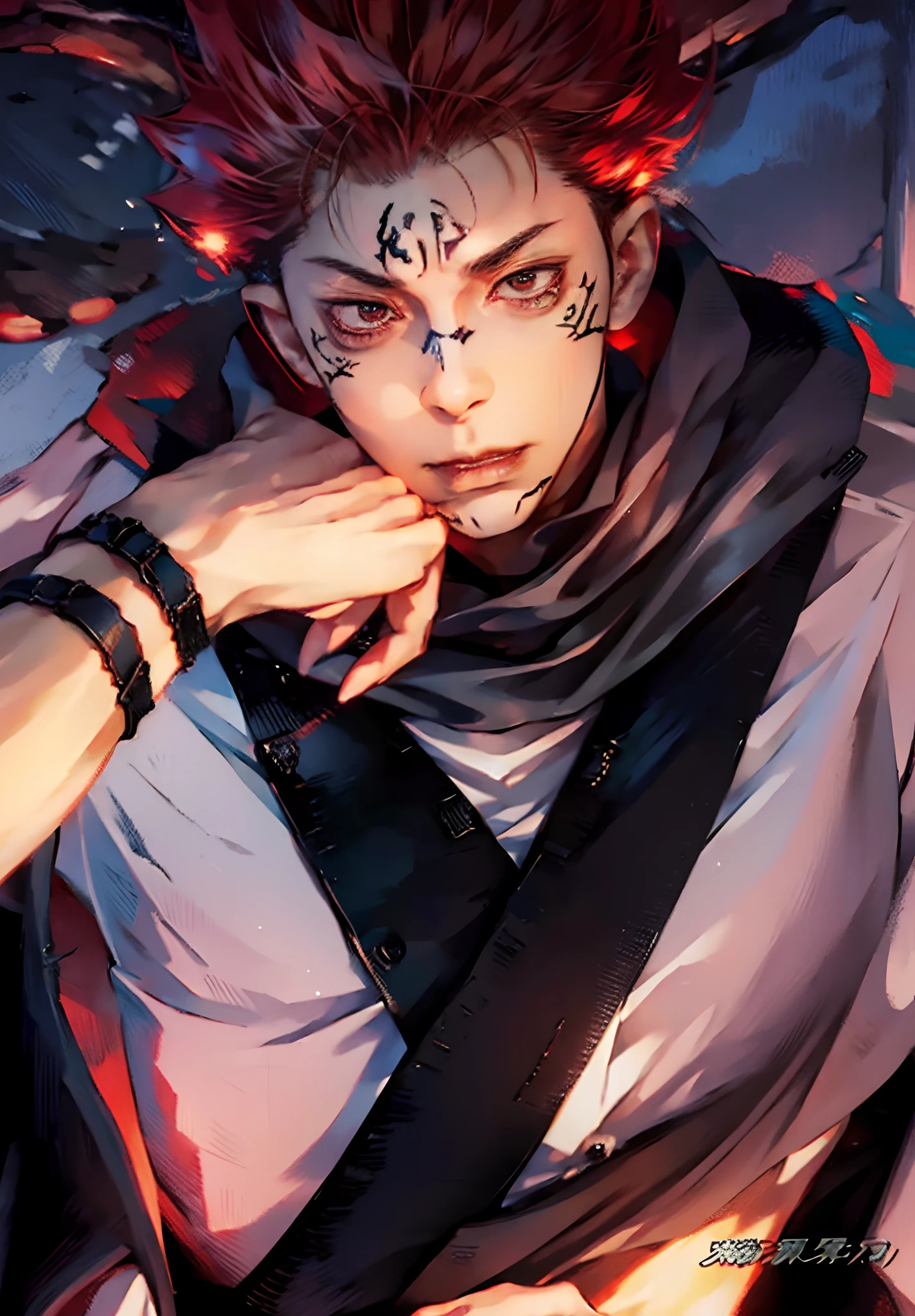 1man, itadori yuji mode sukuna in anime jujutsu kaisen, short hair , red hair, red light eyes, handsome, white clothes, realistic clothes, detail clothes, city background, ultra detail, realistic