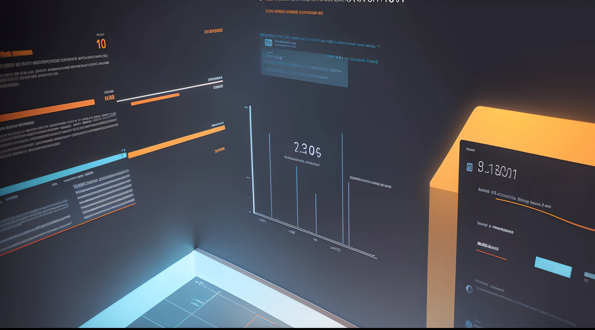 wallpaper with a theme focused on data analysis, have graphs and numbers in the background and with a predominance of the color black, em detalhes azul e laranja.