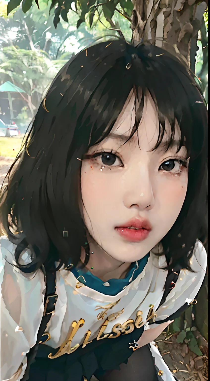 ((Lisa from Blackpink)), t-shirt, tiny pleated skirt, waist-high black tights, high heels, face close-up, very fair skin, short hair, wavy hair, camp, forest, photorealistic, indirect lighting, volumetric light, ray tracing, hyperdetailed, best quality, high resolution, HDR, 8k